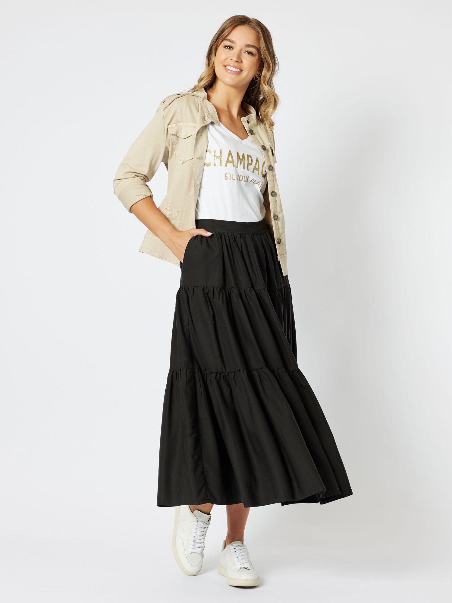 Moet Aline Tiered Ankle Length Skirt - Black