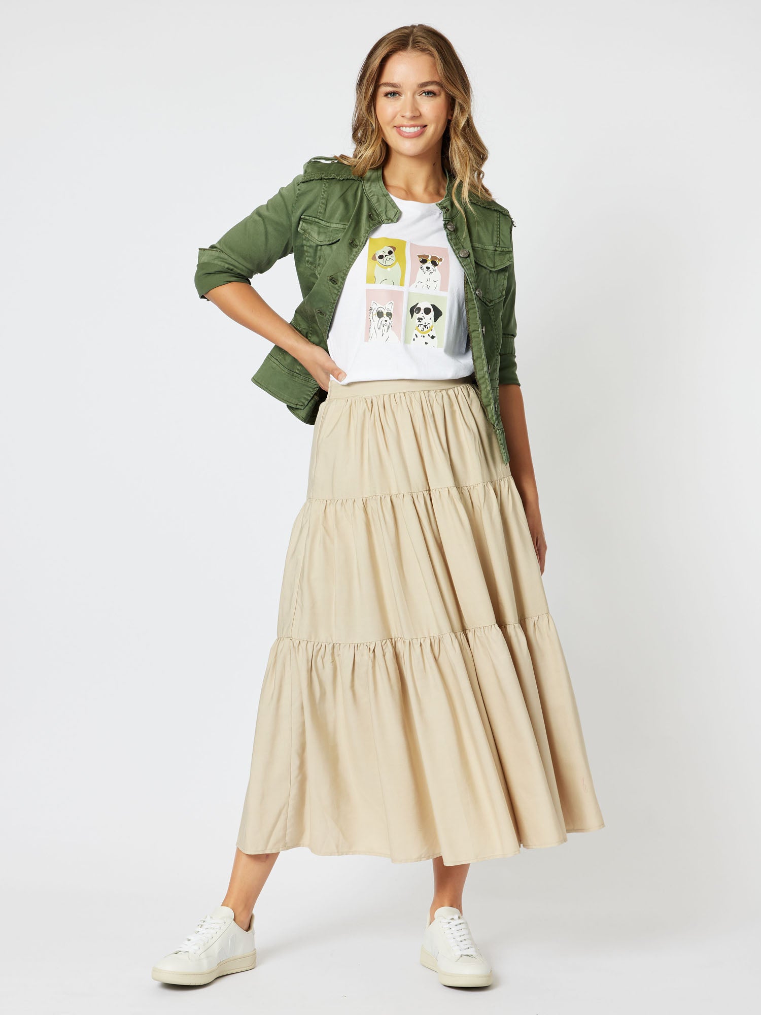 Moet Tiered Aline Pull On Maxi Skirt - Stone