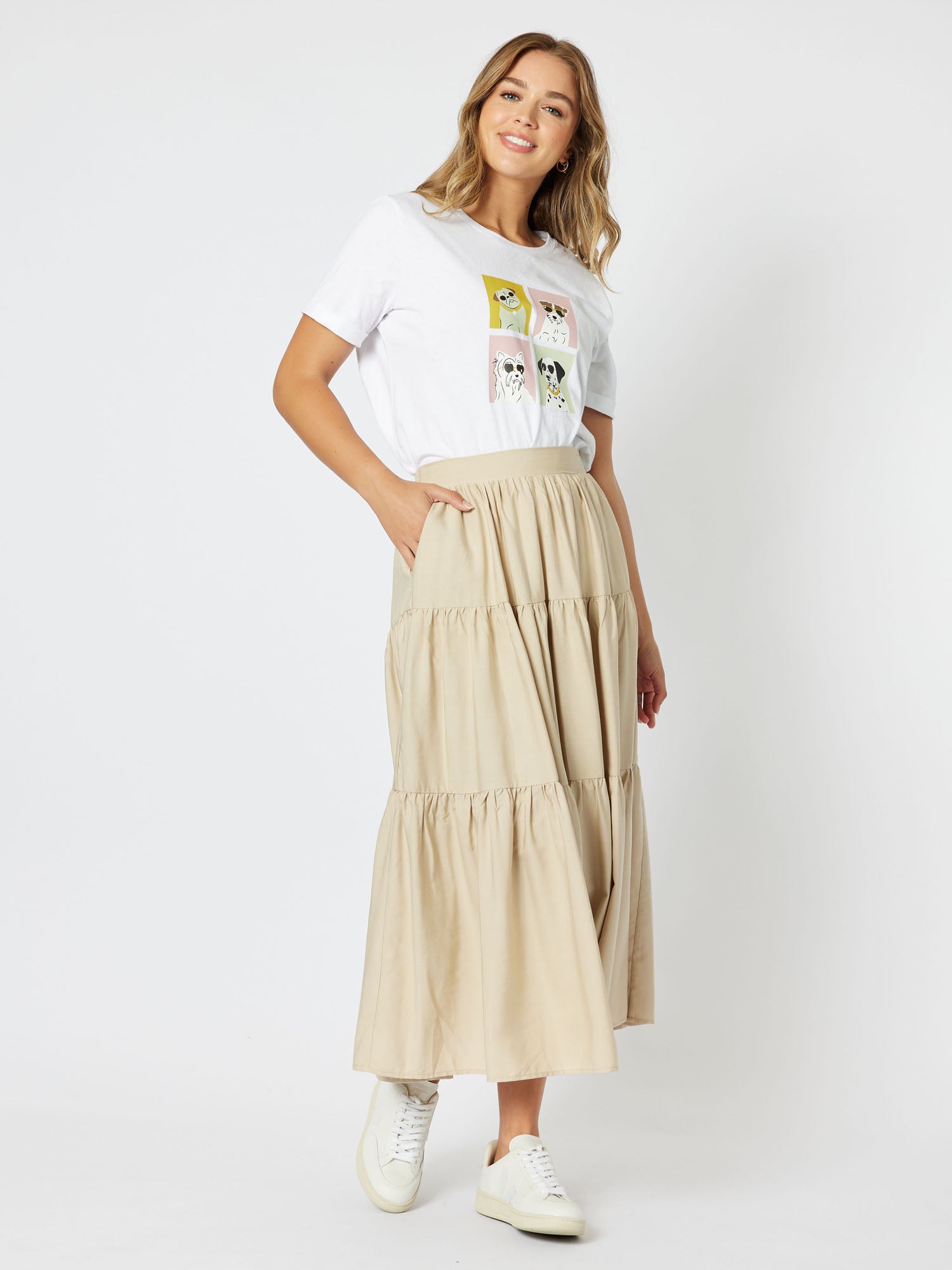 Moet Tiered Aline Pull On Maxi Skirt - Stone