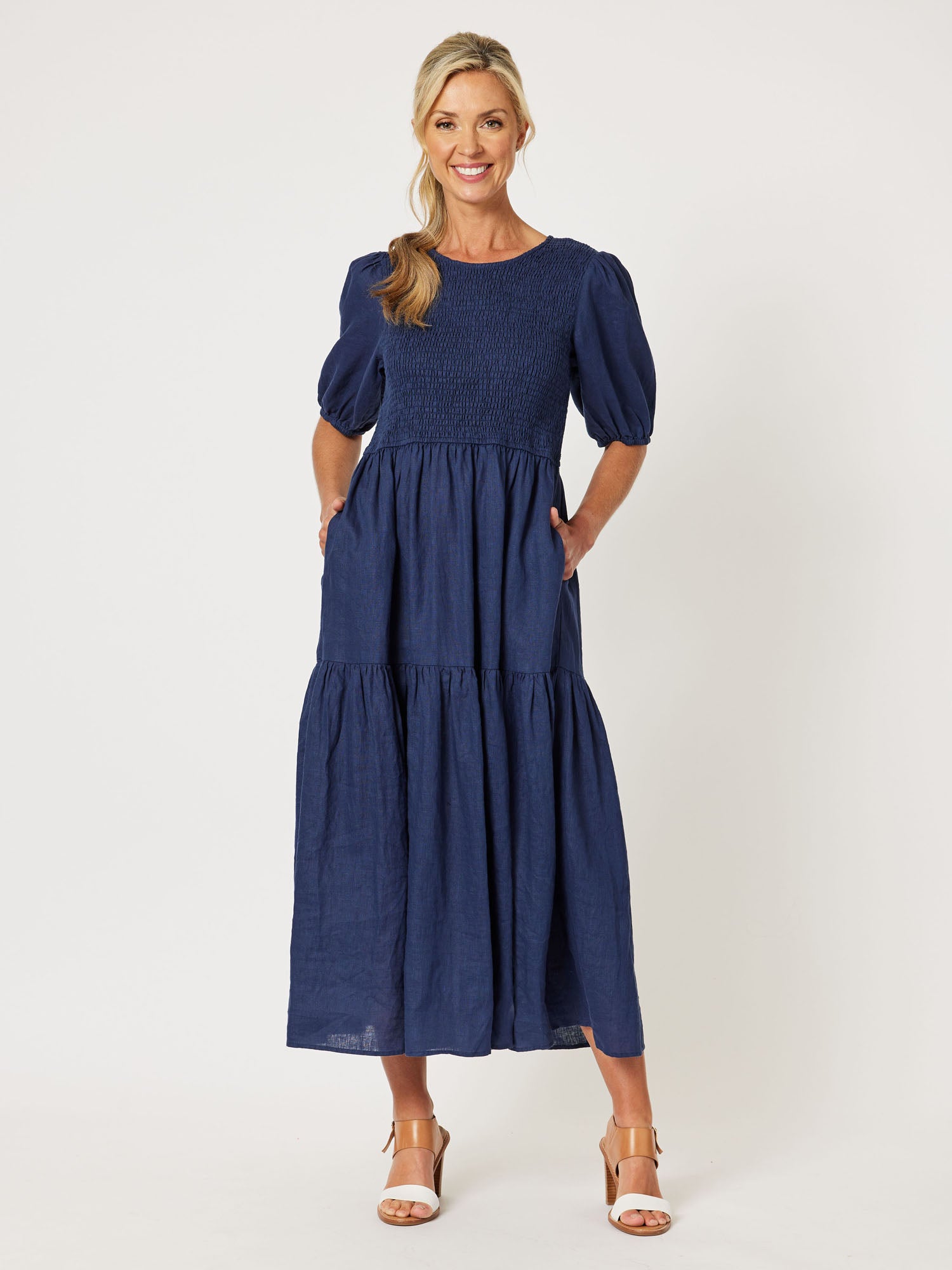Encore Linen Shirred Bodice Dress - Navy