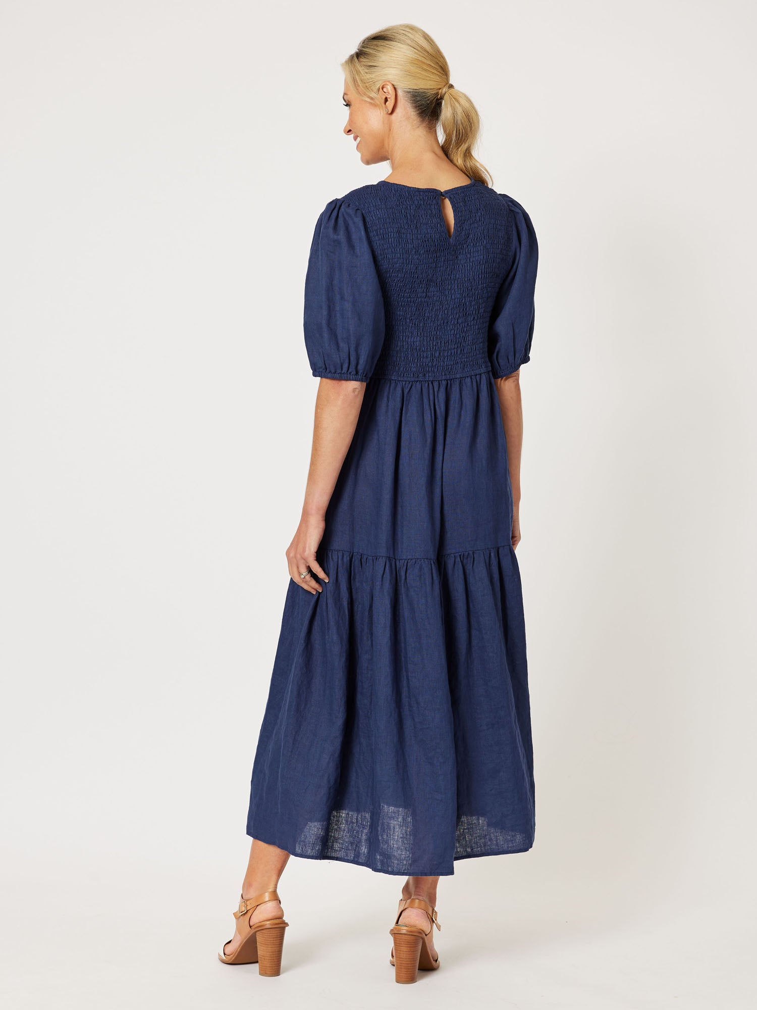 Encore Linen Shirred Bodice Dress - Navy