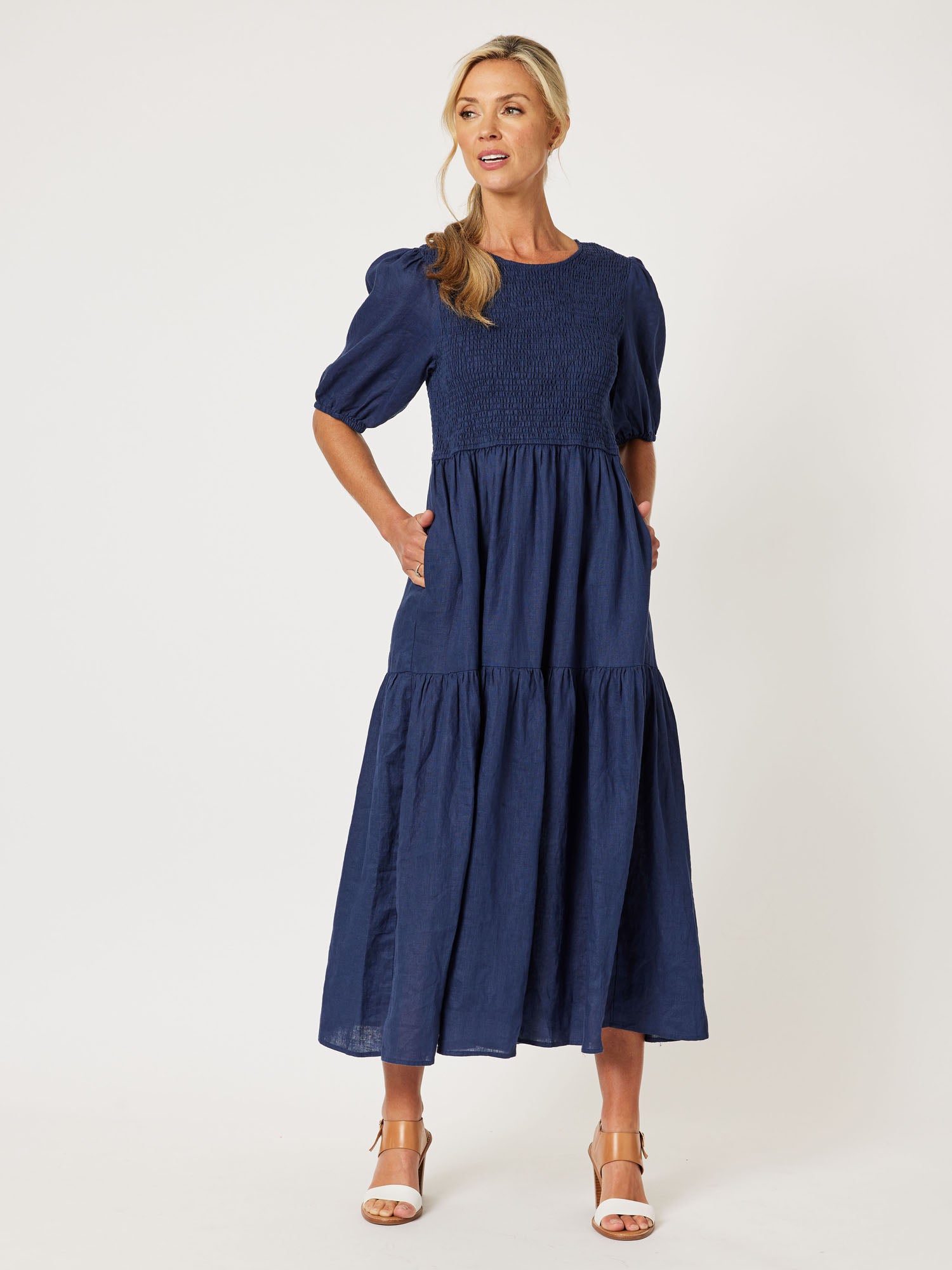 Encore Linen Shirred Bodice Dress - Navy