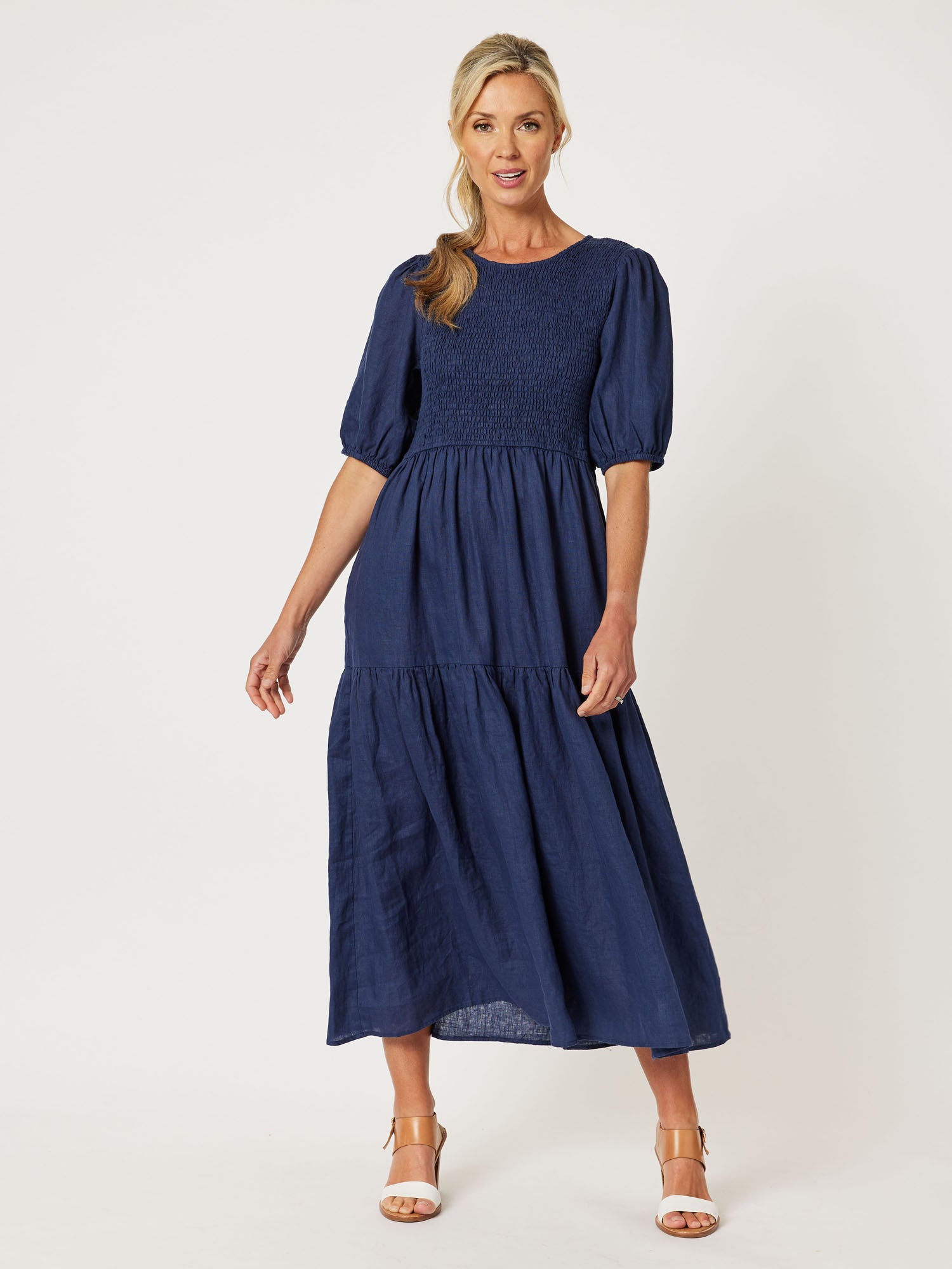 Encore Linen Shirred Bodice Dress - Navy