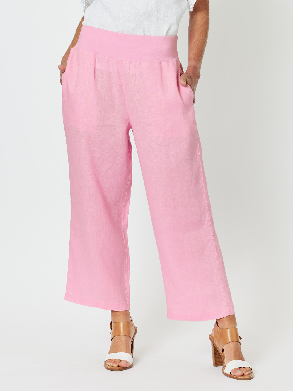 Jersey Waist Linen Wide Leg Pant - Candy