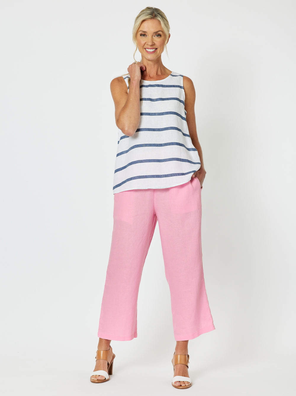 Jersey Waist Linen Wide Leg Pant - Candy
