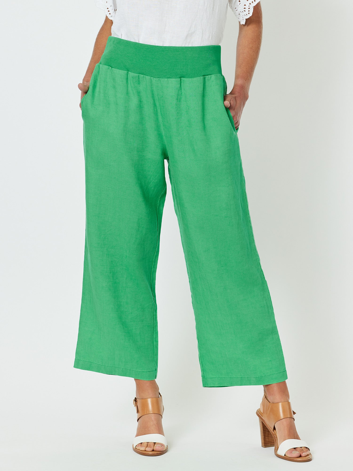 Jersey Waist Linen Wide Leg Pant - Emerald