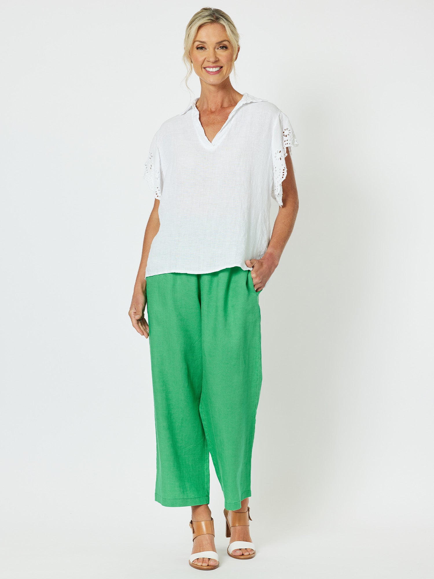Jersey Waist Linen Wide Leg Pant - Emerald