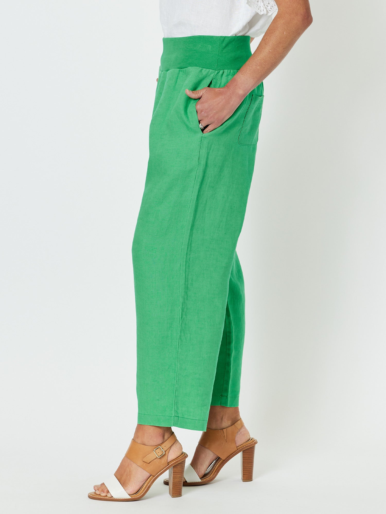 Jersey Waist Linen Wide Leg Pant - Emerald