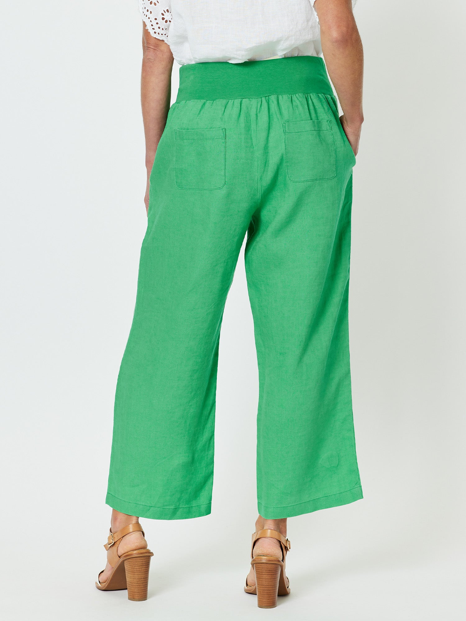 Jersey Waist Linen Wide Leg Pant - Emerald