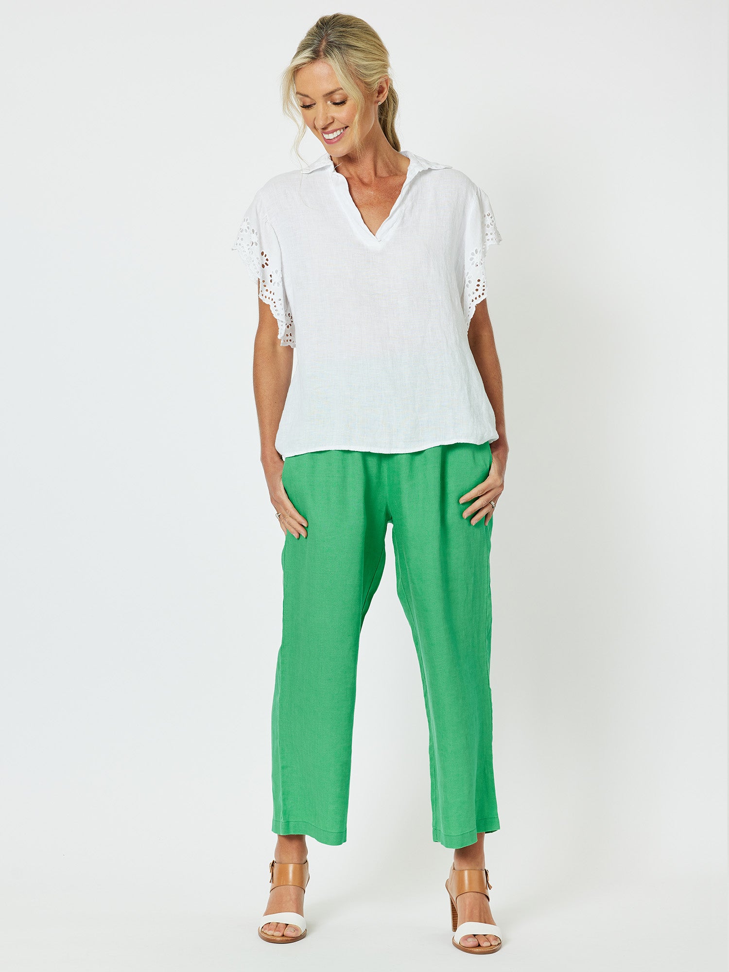 Jersey Waist Linen Wide Leg Pant - Emerald