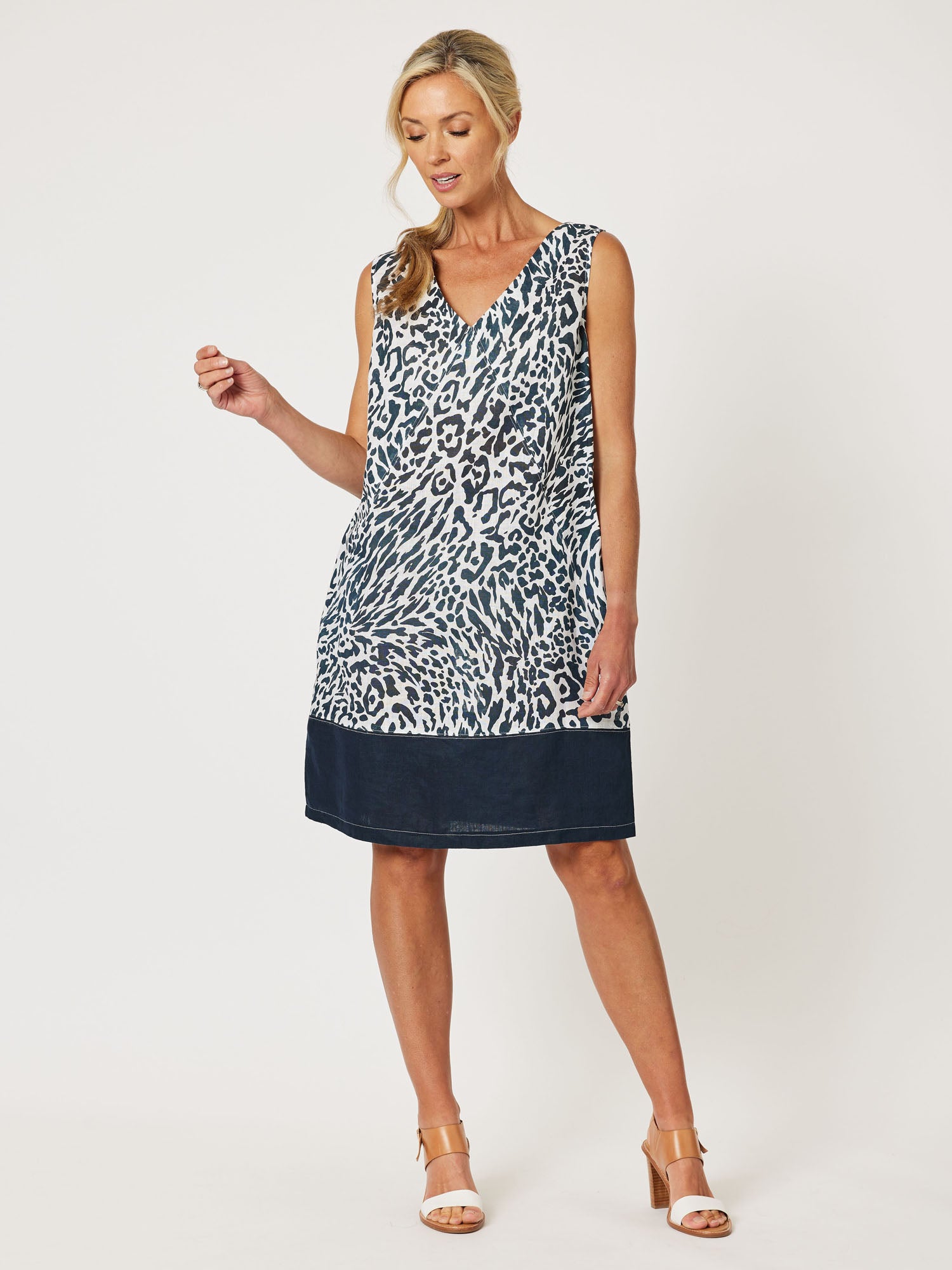 Cape Print Linen Sleeveless Dress - Animal