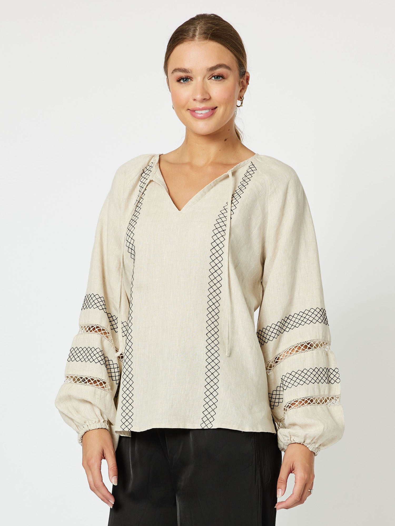 Trellis Linen Long Sleeve Top - Natural