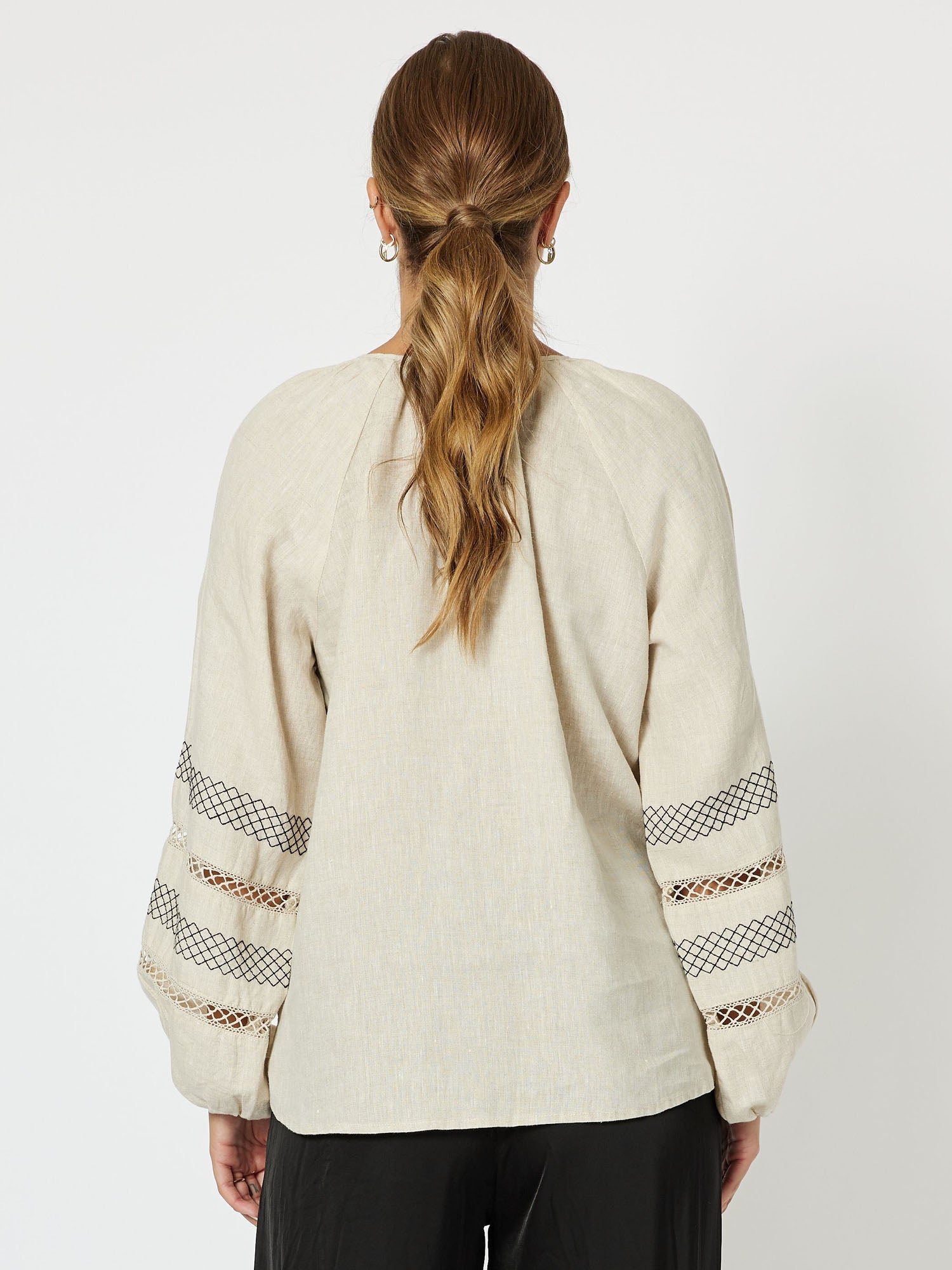 Trellis Linen Long Sleeve Top - Natural