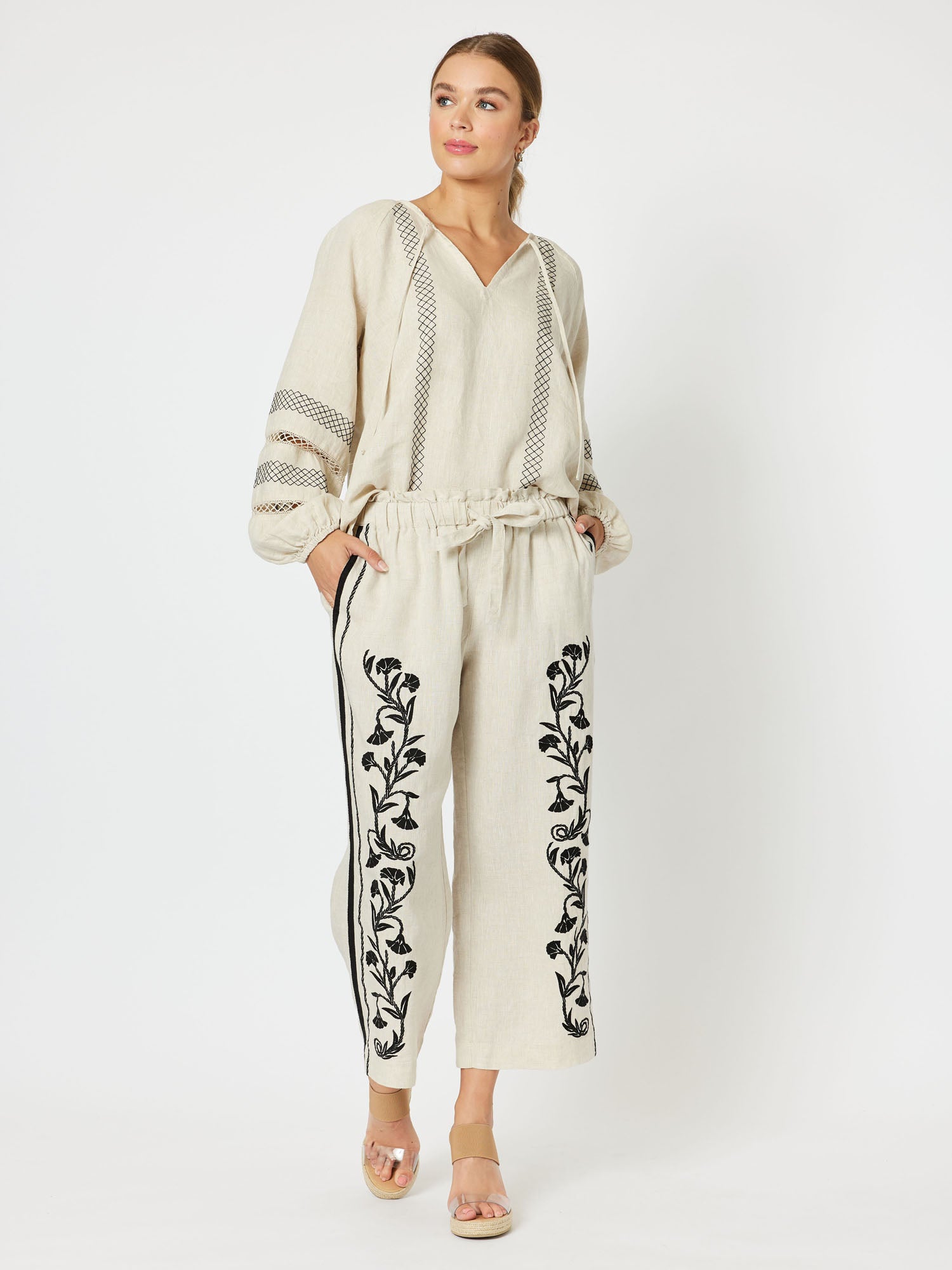 Trellis Linen Long Sleeve Top - Natural