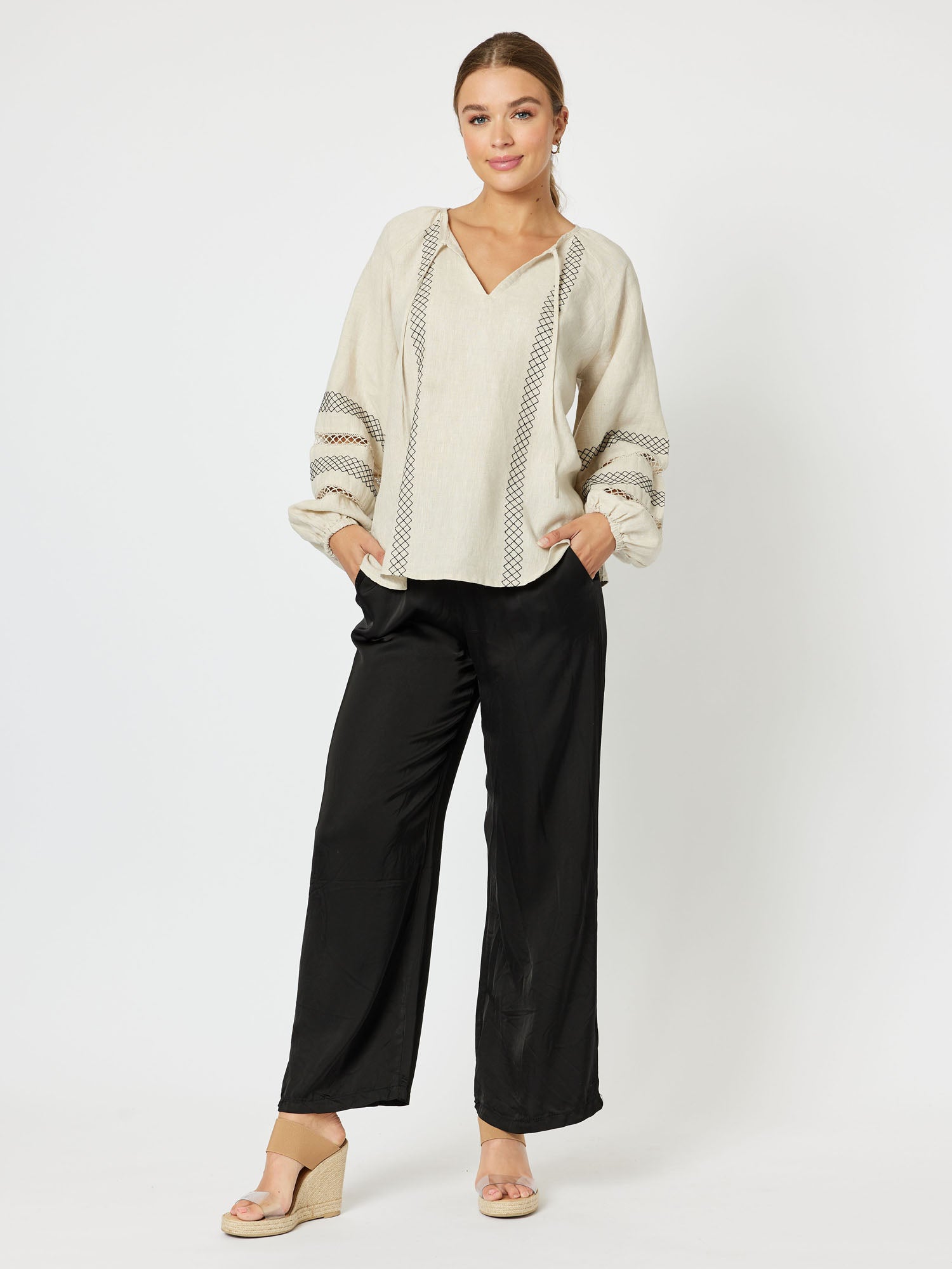 Trellis Linen Long Sleeve Top - Natural