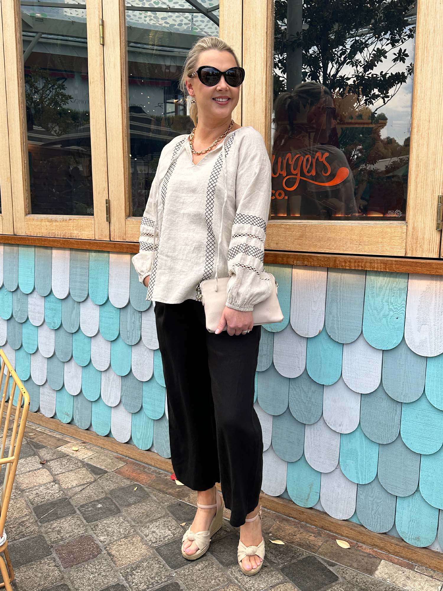 Trellis Linen Long Sleeve Top - Natural