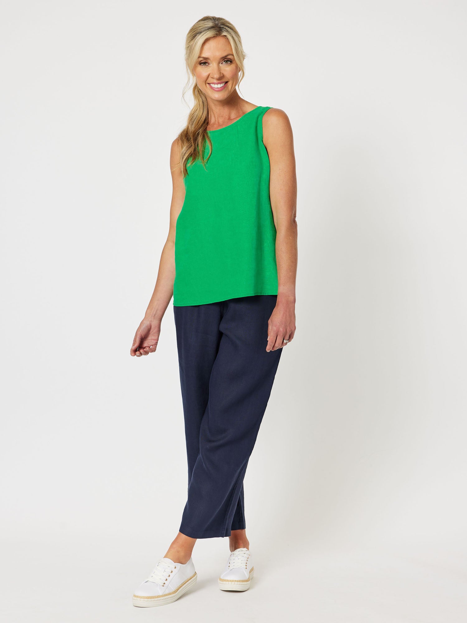 Bianca Linen Sleeveless Button Back Tank Top - Emerald