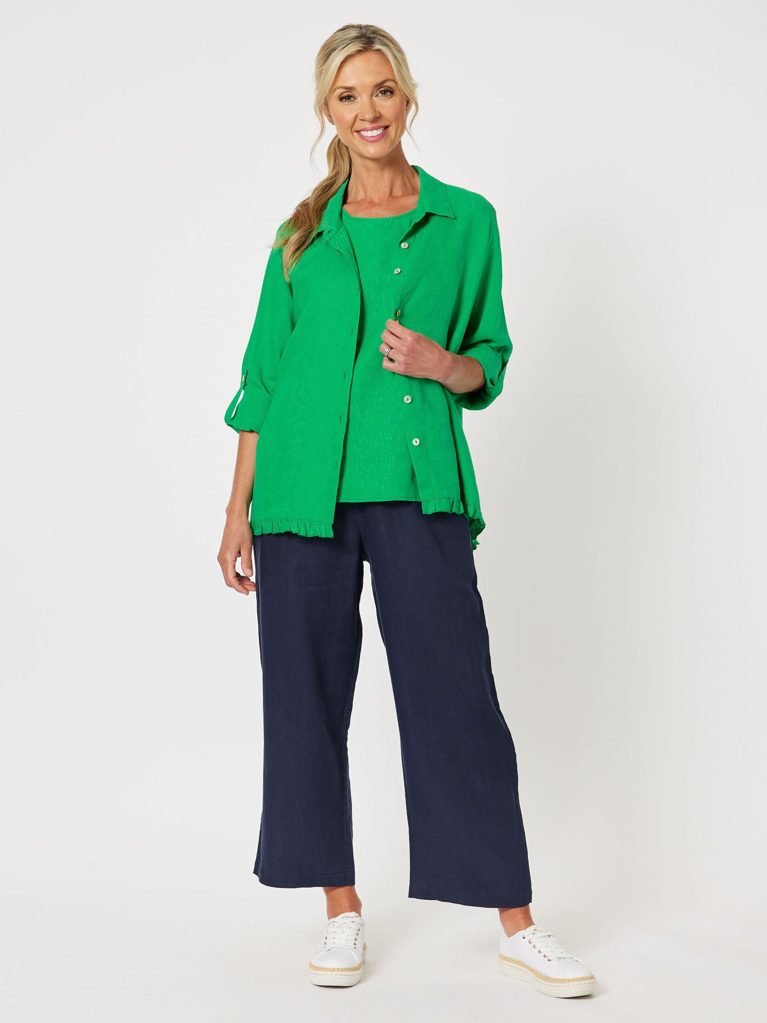 Bianca Linen Sleeveless Button Back Tank Top - Emerald