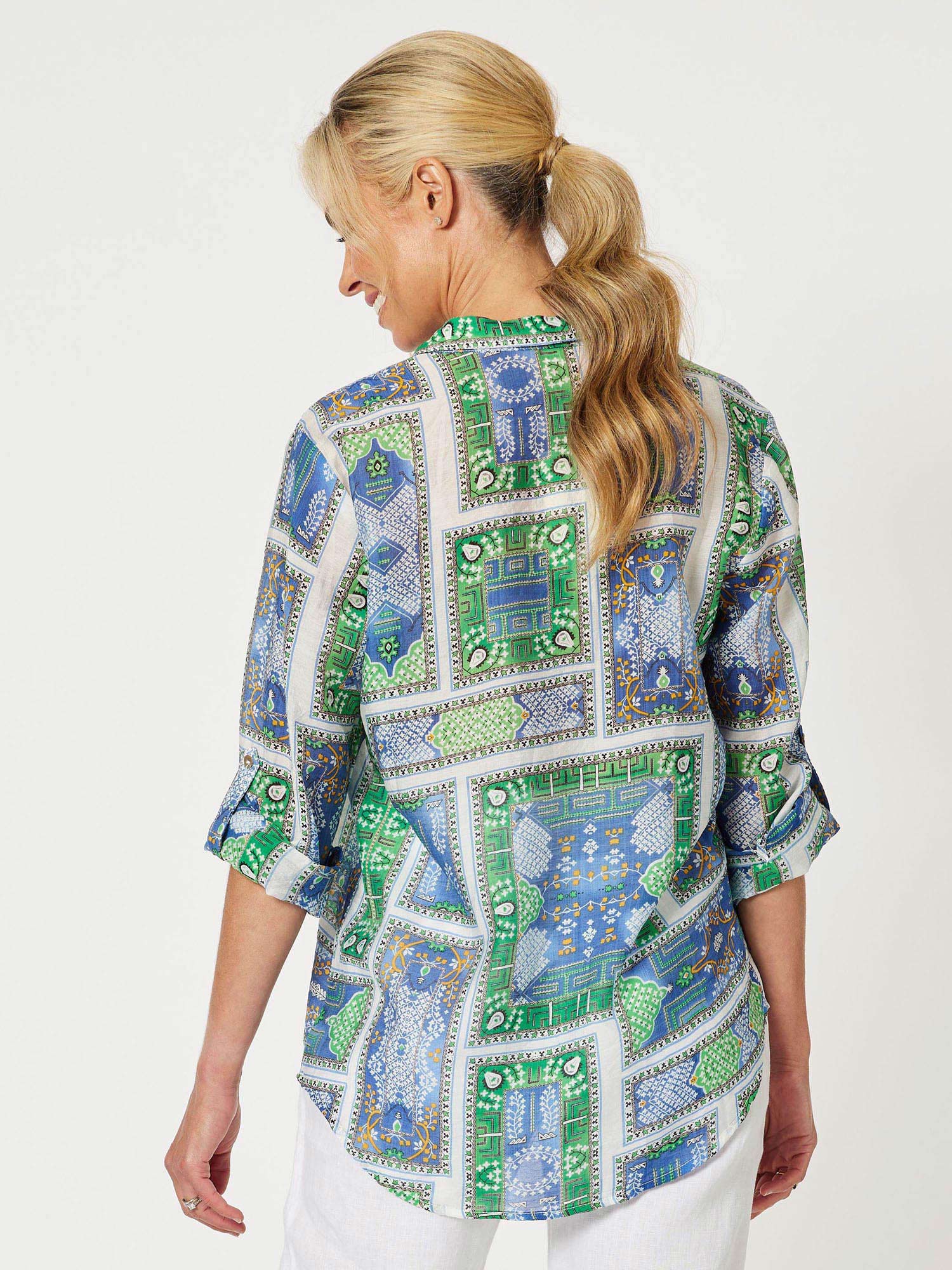 Mosman Print Tab Detail Long Sleeve Shirt - Green/Blue