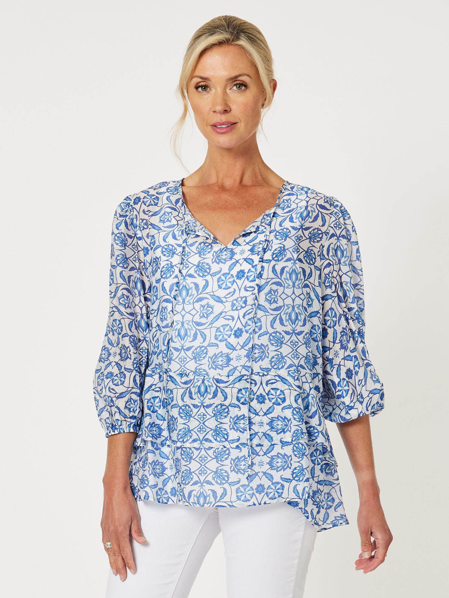 Vacation Print Tie Front Top - Cornflower