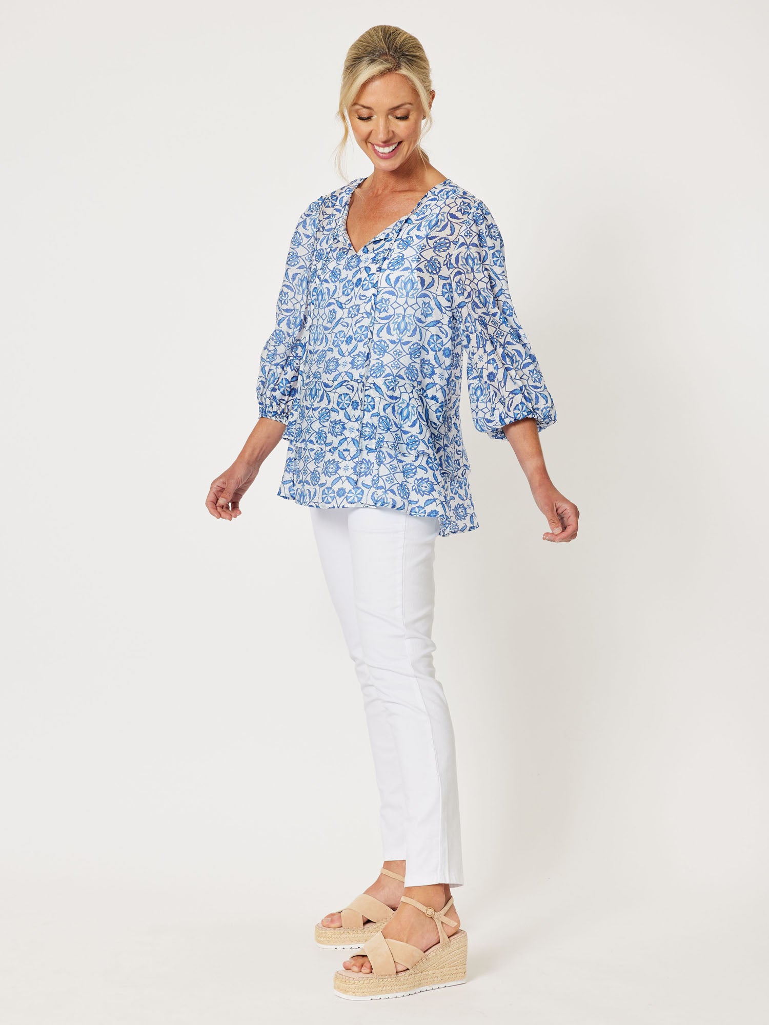 Vacation Print Tie Front Top - Cornflower