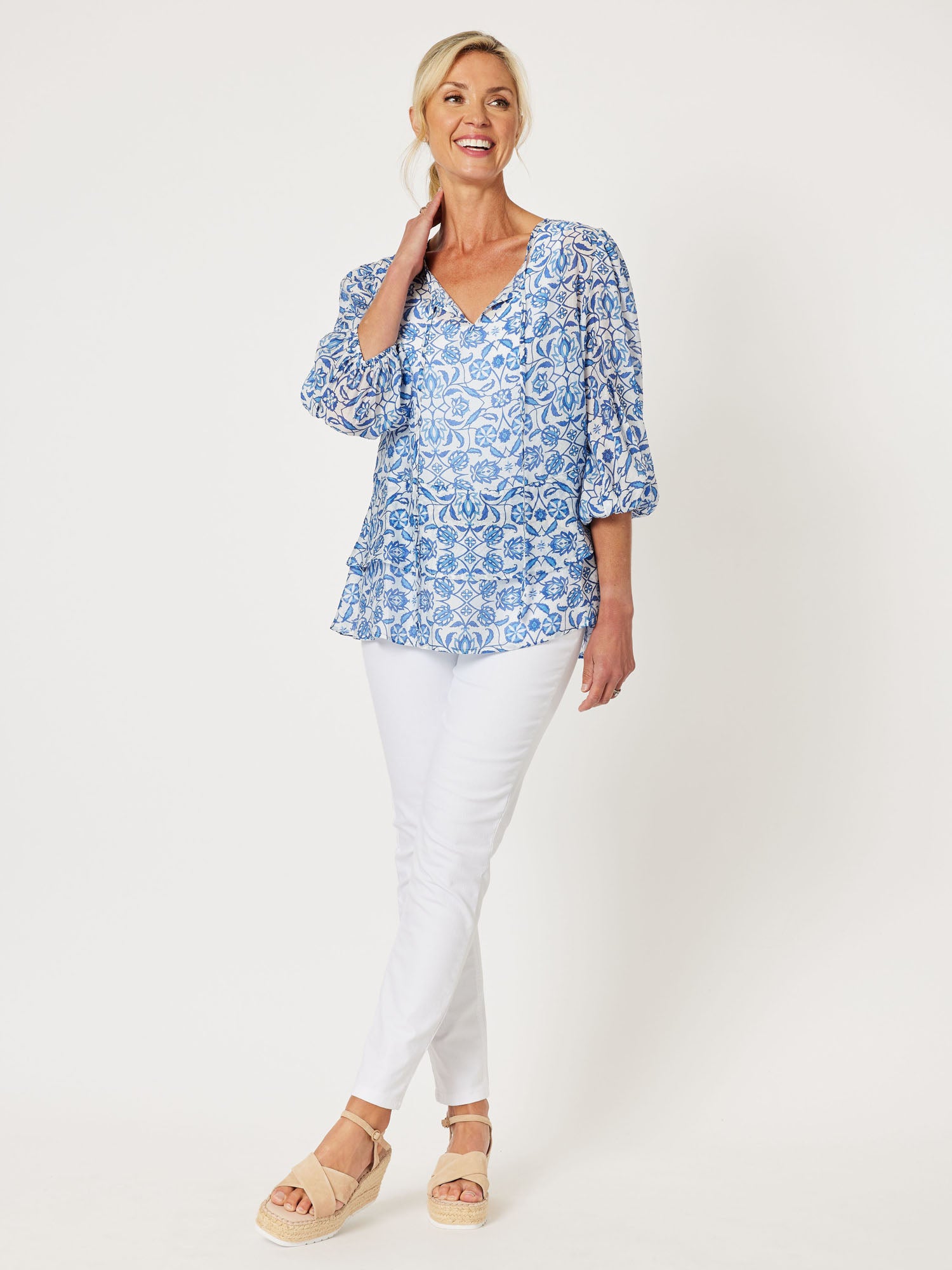Vacation Print Tie Front Top - Cornflower