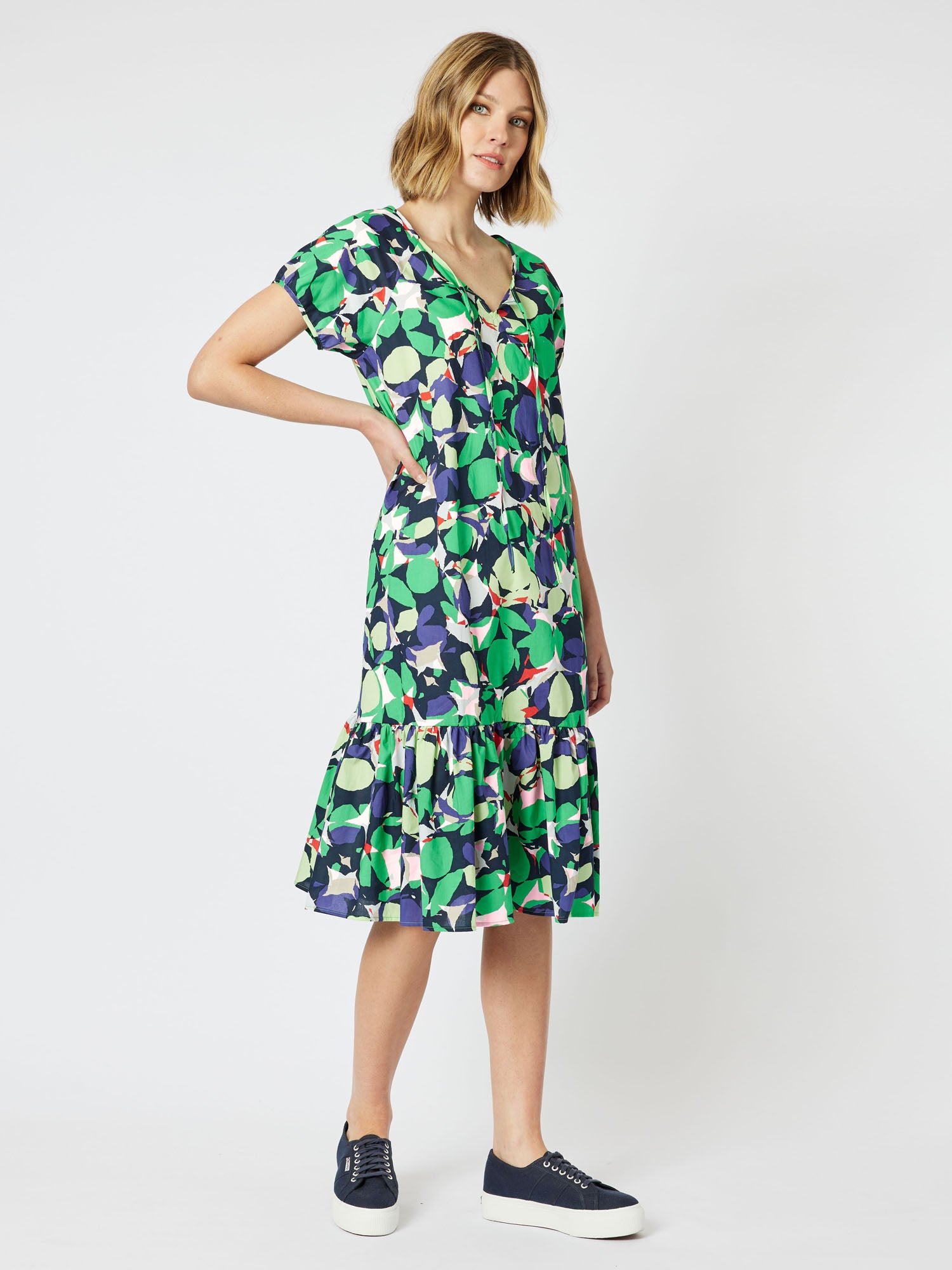 Edan Cotton Print Short Sleeve Frill Hem Dress - Green/Multi