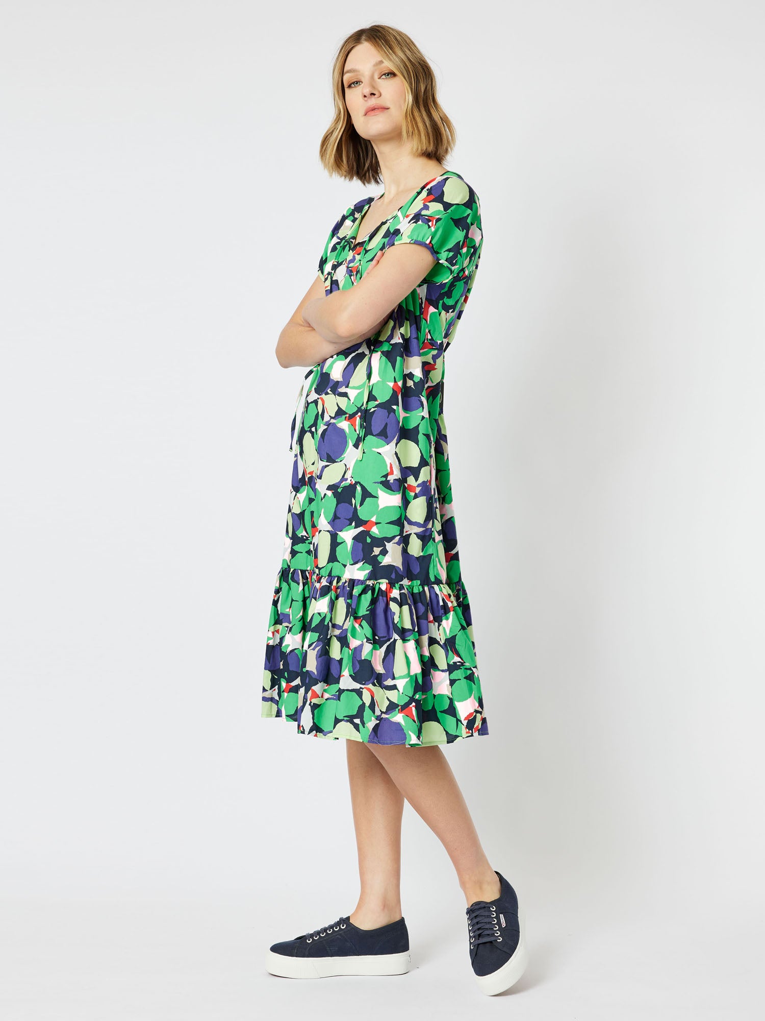 Edan Cotton Print Short Sleeve Frill Hem Dress - Green/Multi