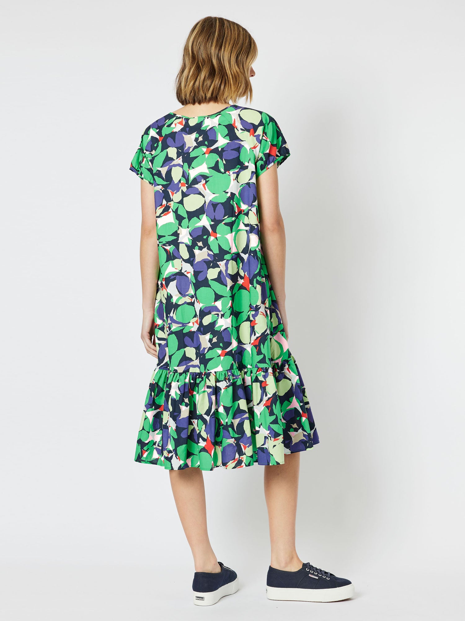 Edan Cotton Print Short Sleeve Frill Hem Dress - Green/Multi