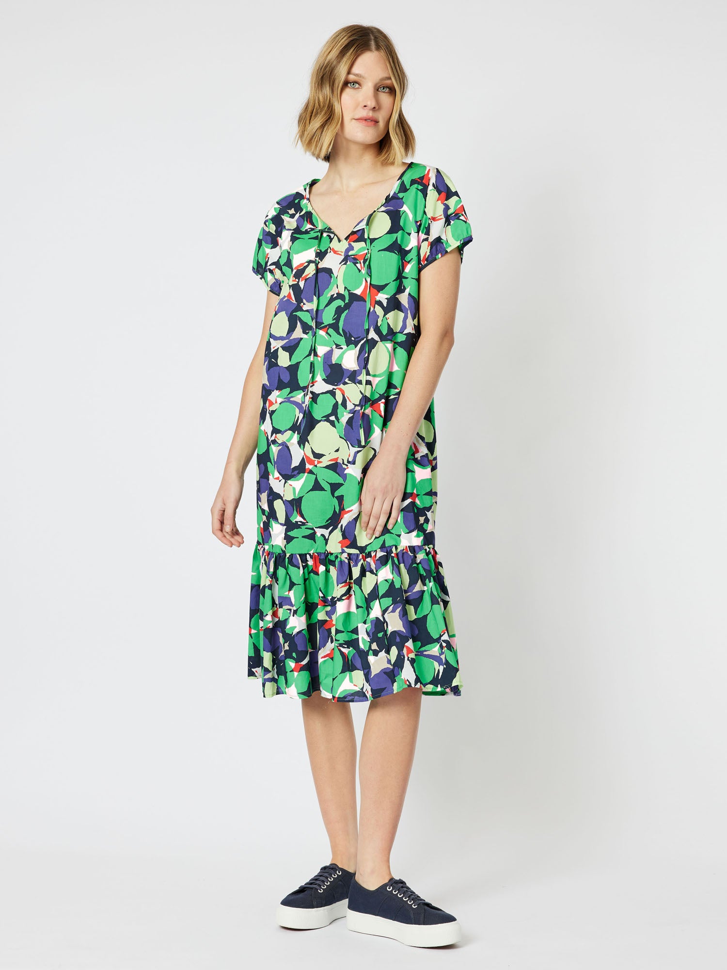 Edan Cotton Print Short Sleeve Frill Hem Dress - Green/Multi
