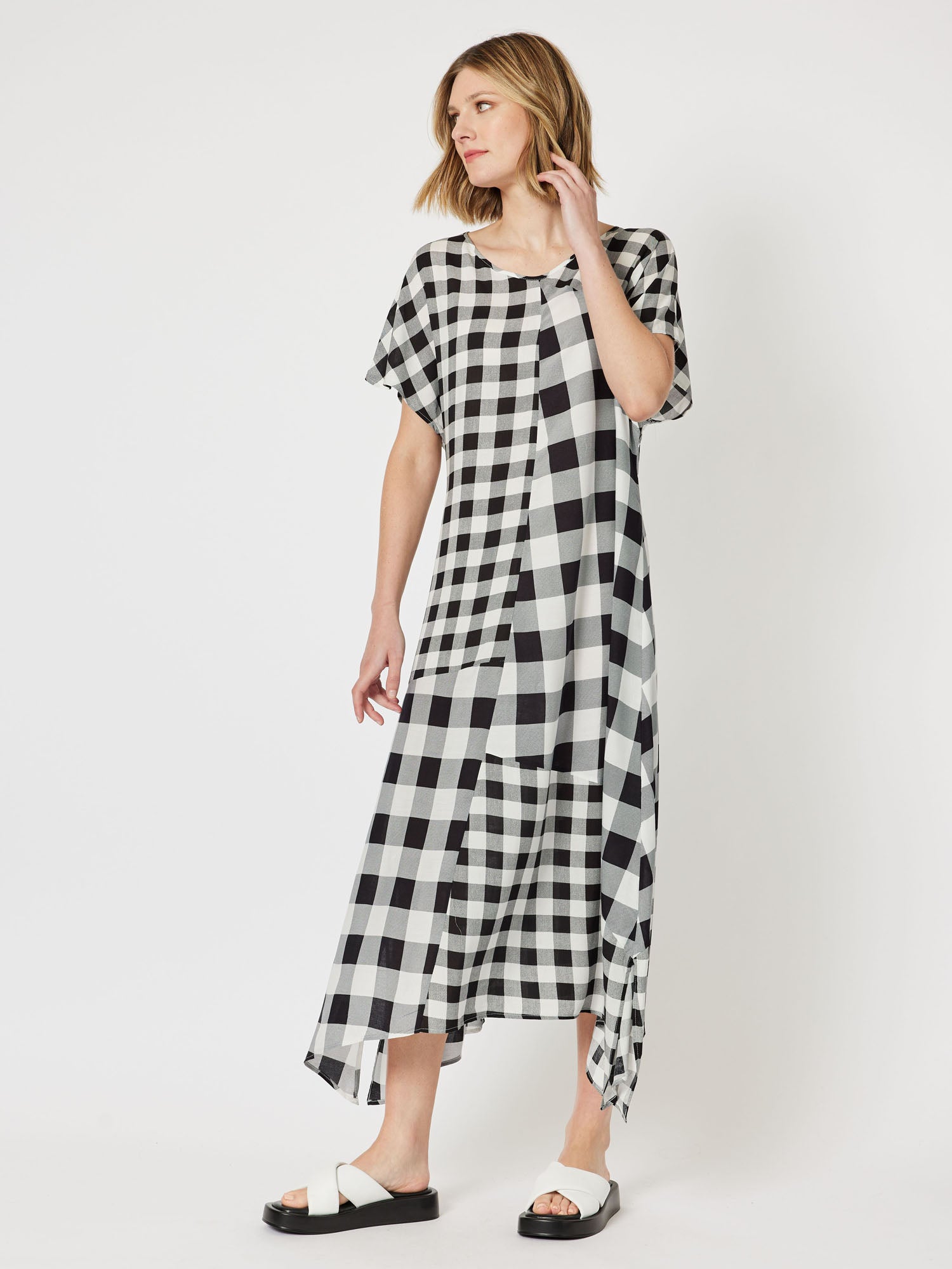 Medley Spliced Check Short Sleeve Long Dress - Black/WhiteMedley Spliced Check Short Sleeve Long Dress - Black/White