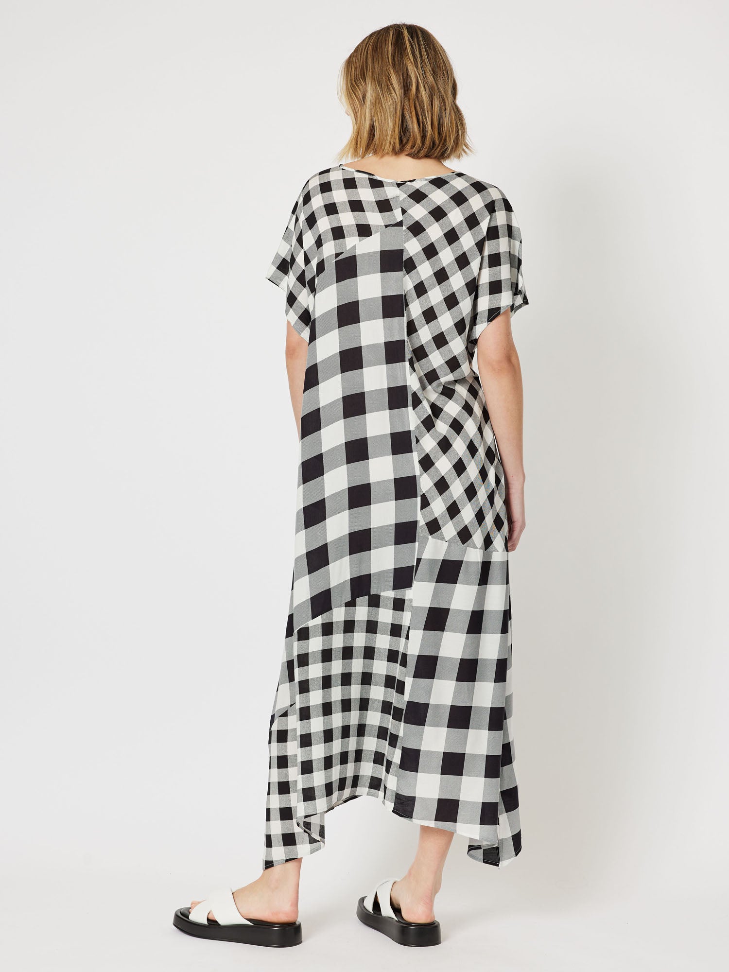 Medley Spliced Check Short Sleeve Long Dress - Black/White