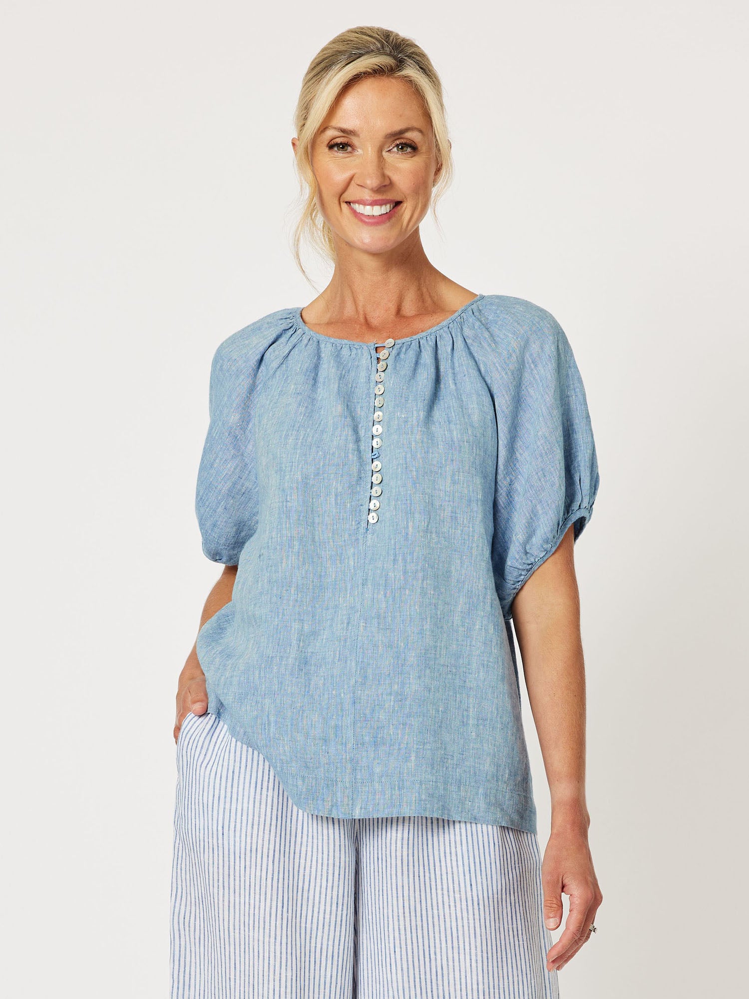 Sanctuary Linen Button Detail Top - Indigo