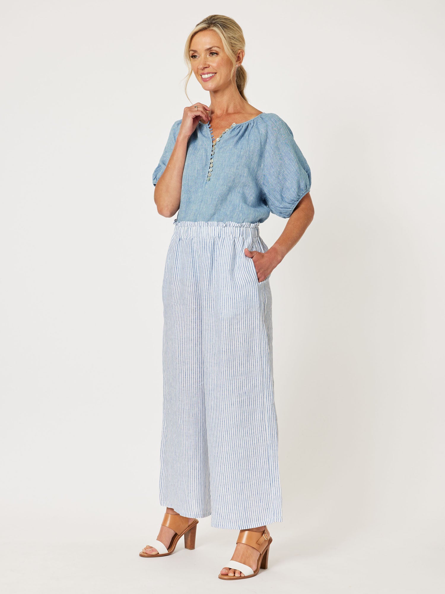 Sanctuary Linen Button Detail Top - Indigo