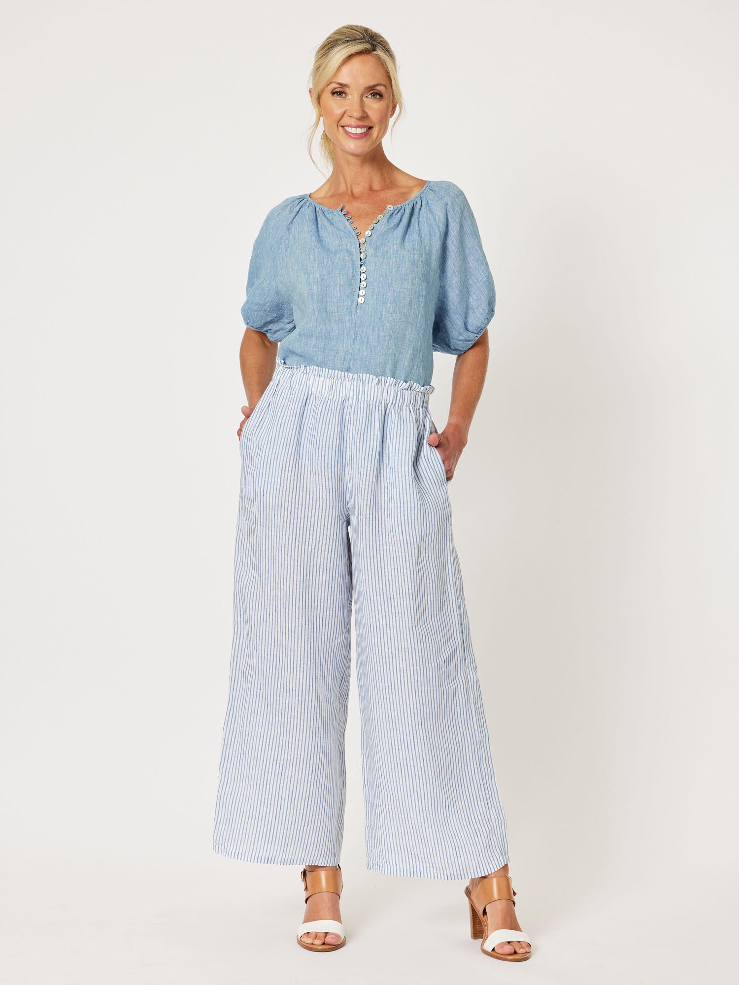 Sanctuary Linen Button Detail Top - Indigo