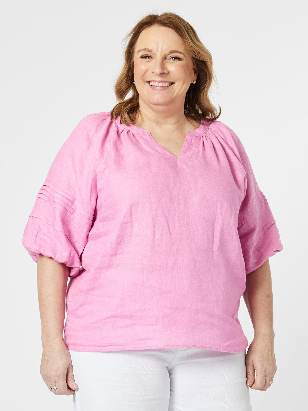Diana Linen Pleat Sleeve Top - Candy