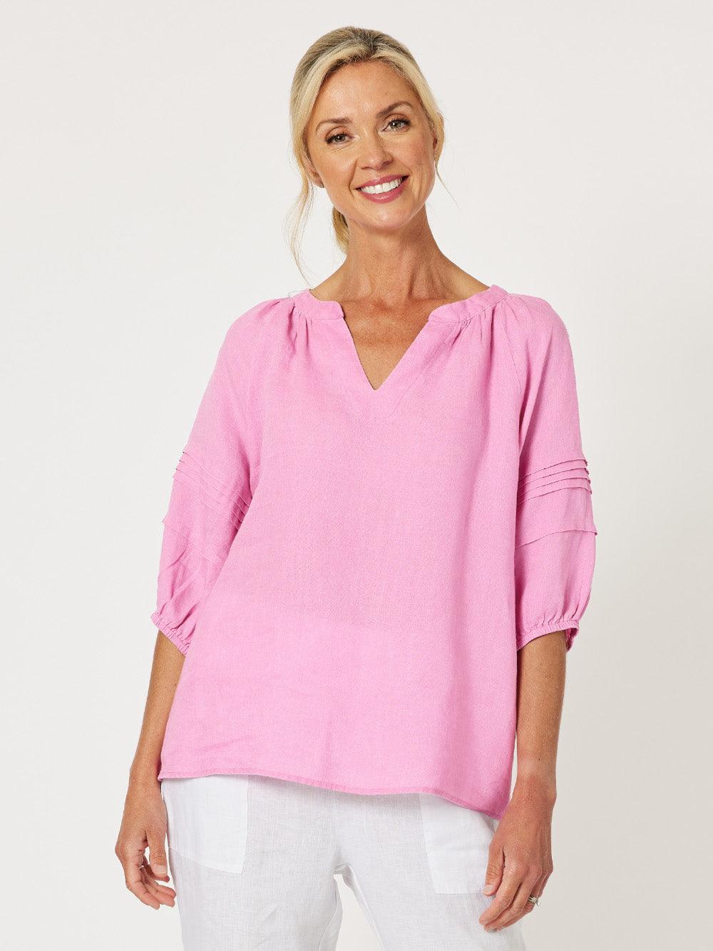 Diana Linen Pleat Sleeve Top - Candy