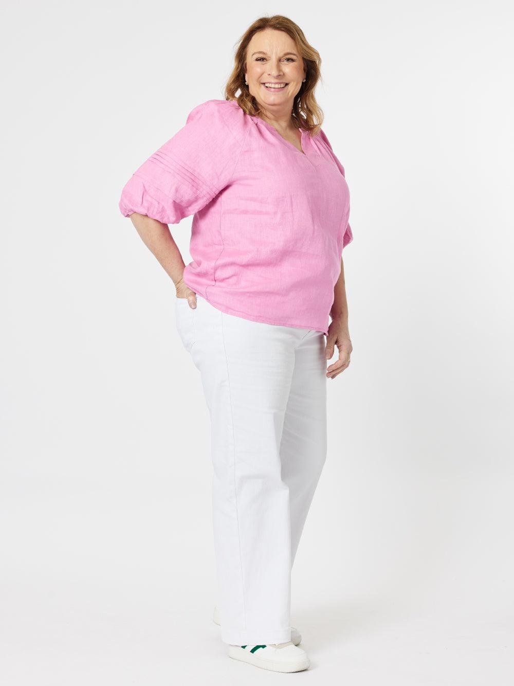 Diana Linen Pleat Sleeve Top - Candy