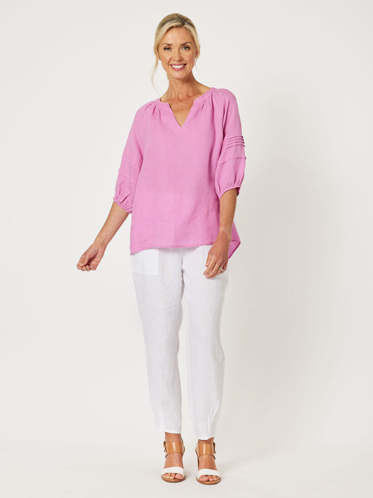 Diana Linen Pleat Sleeve Top - Orchid