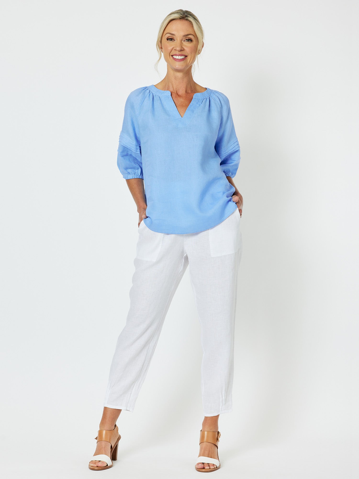 Diana Linen Pleat Sleeve Top - Cornflower