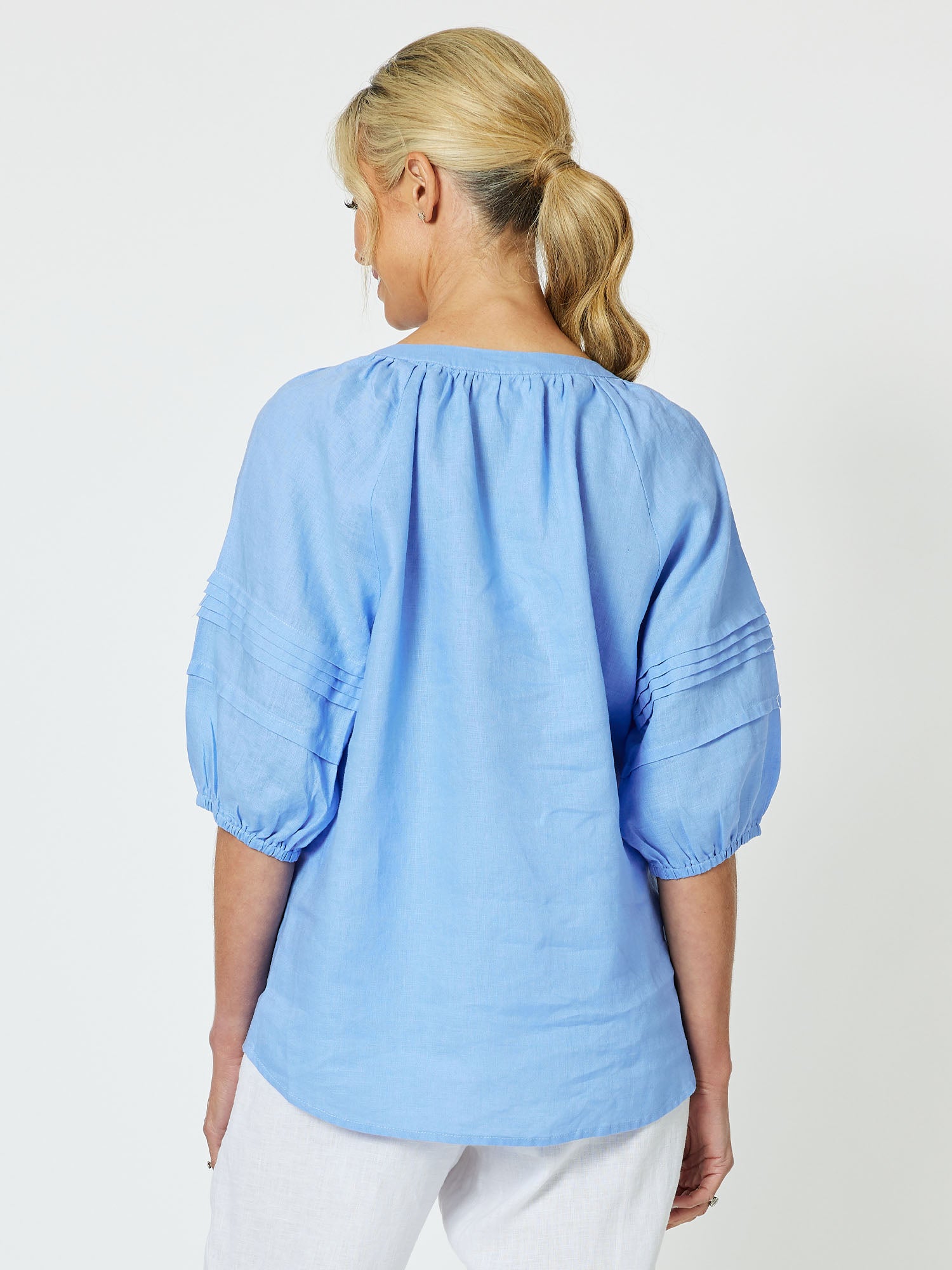 Diana Linen Pleat Sleeve Top - Cornflower