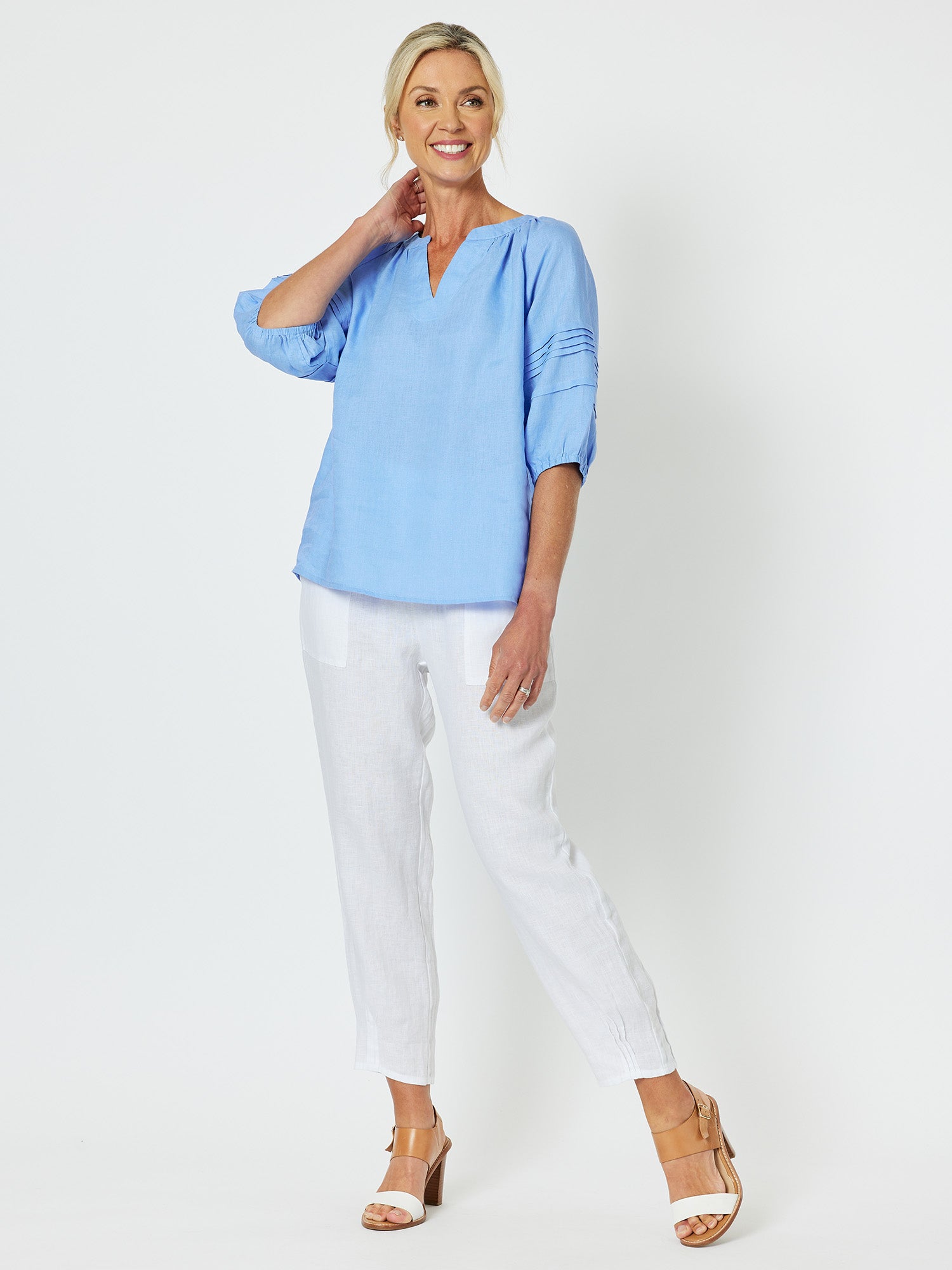 Diana Linen Pleat Sleeve Top - Cornflower