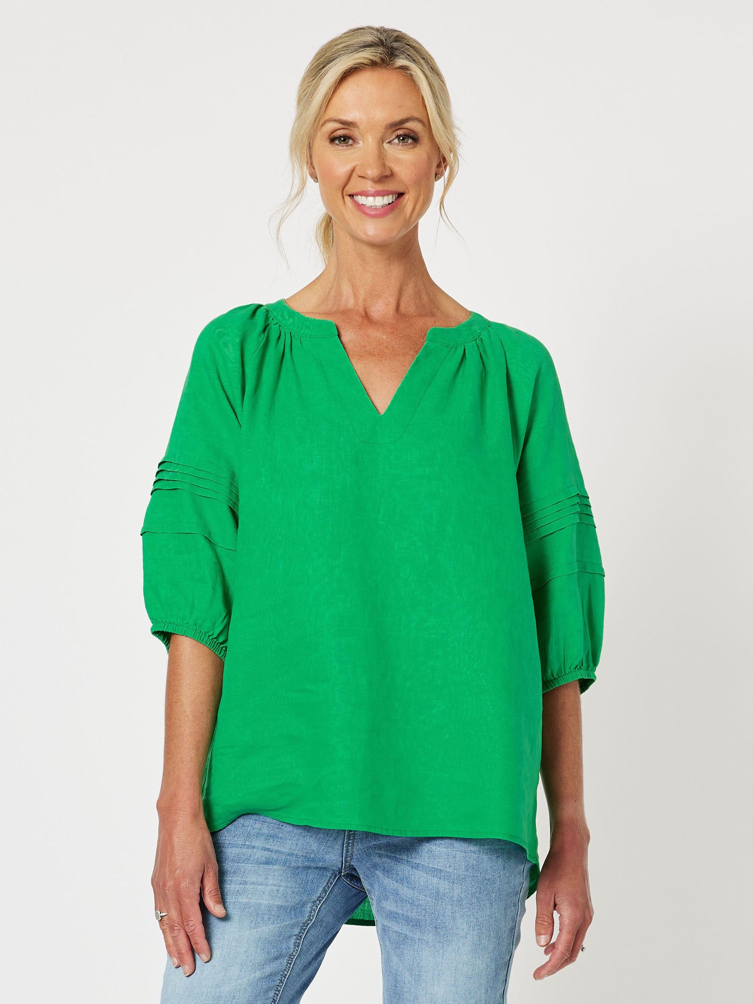 Diana Linen Pleat Sleeve Top - Emerald