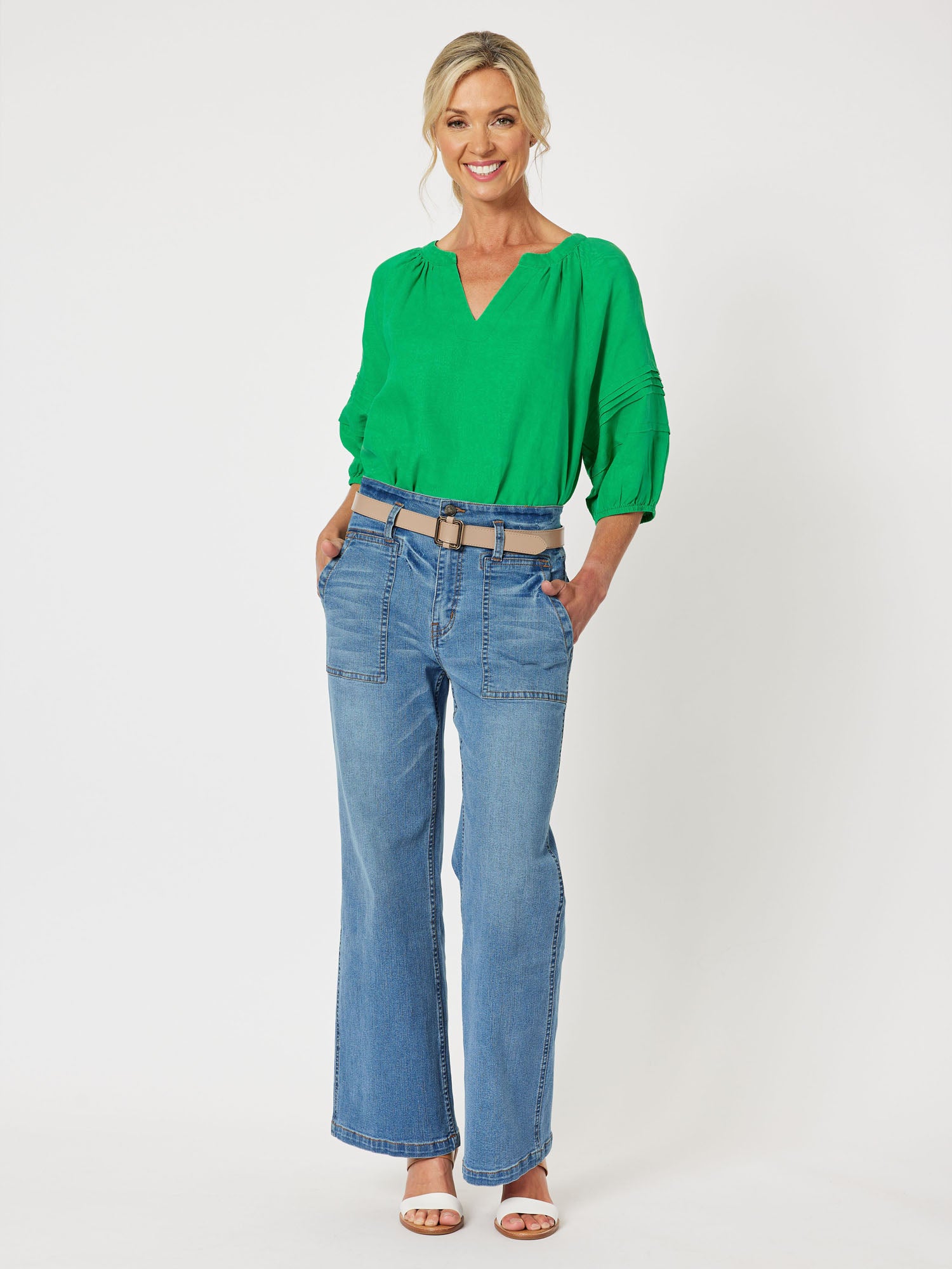 Diana Linen Pleat Sleeve Top - Emerald