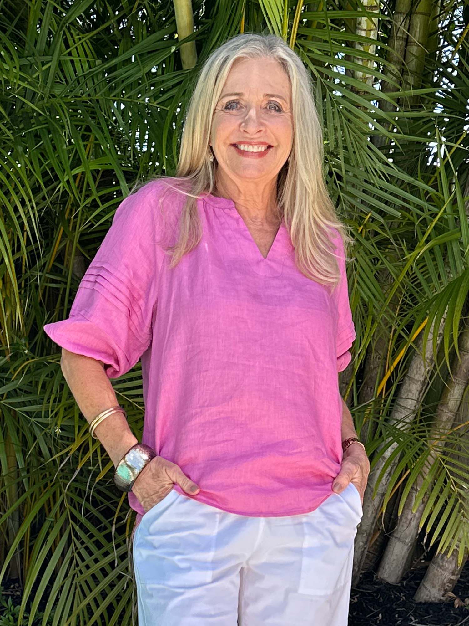 Diana Linen Pleat Sleeve Top - Orchid