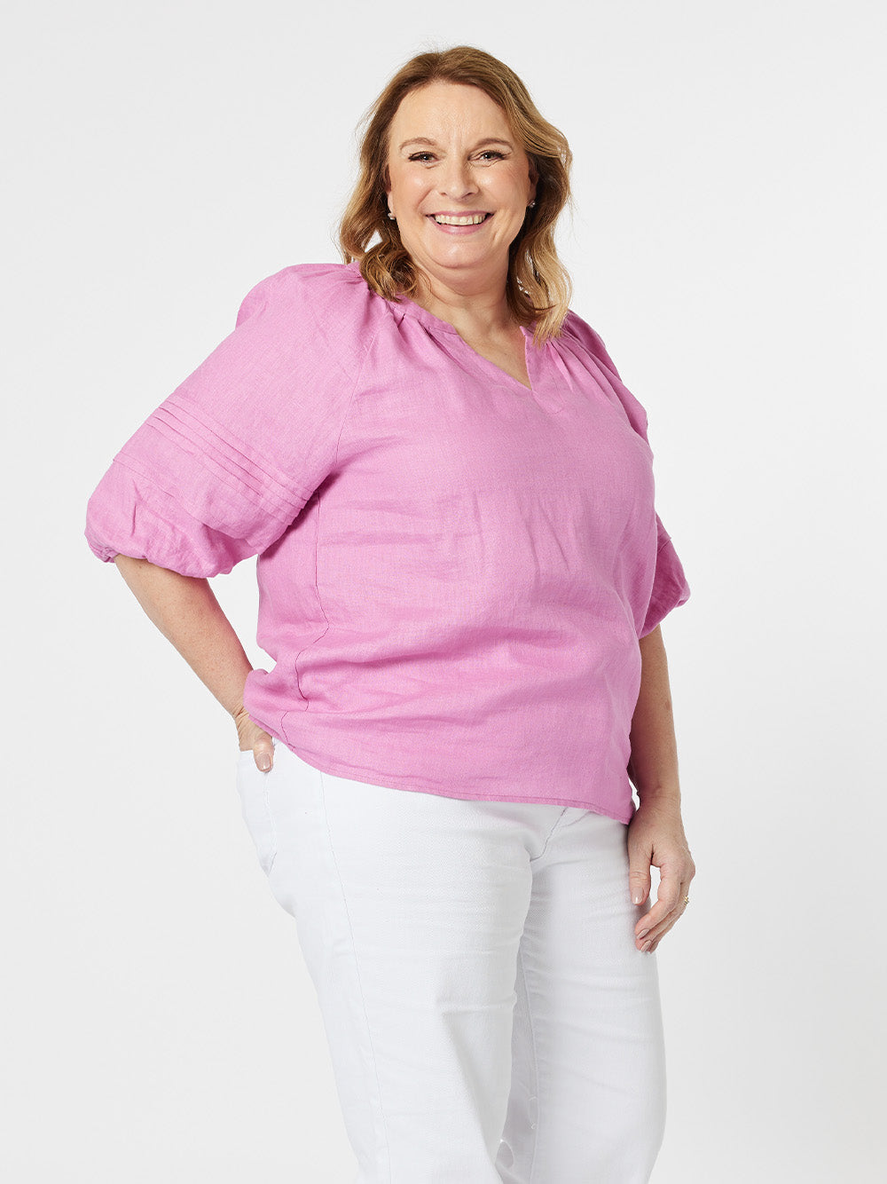 Diana Linen Pleat Sleeve Top - Orchid