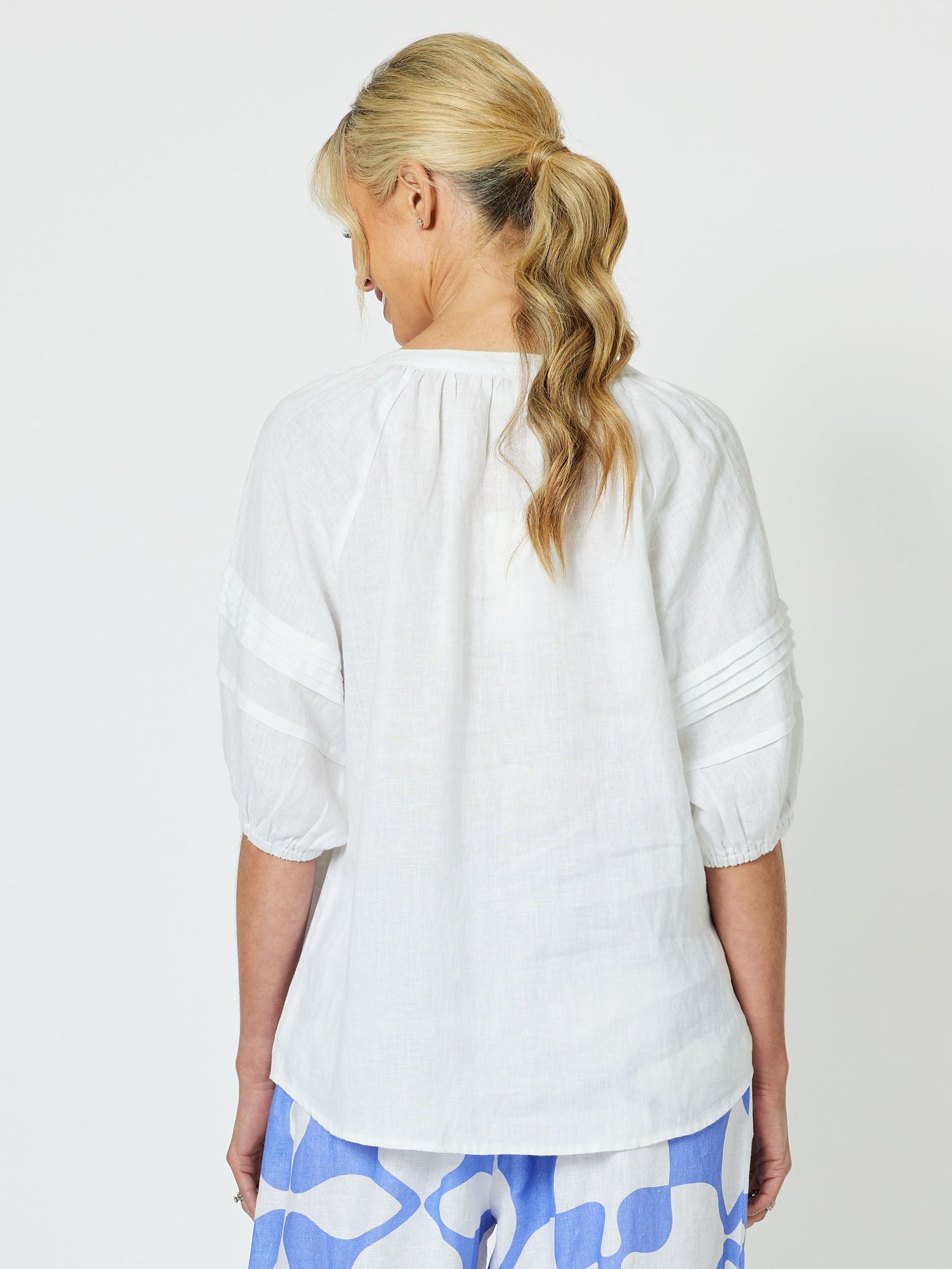 Diana Linen Pleat Sleeve Top - White