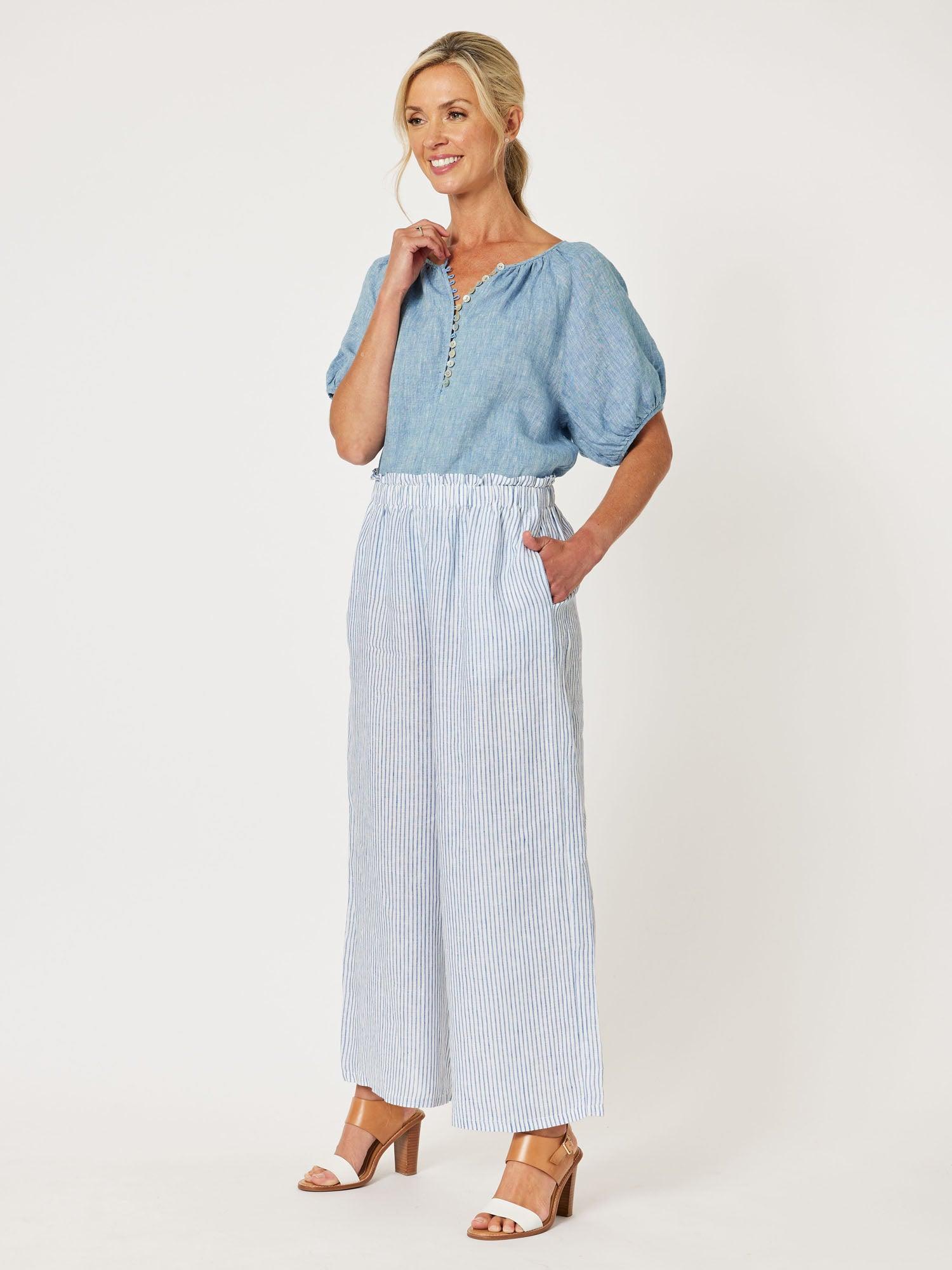 Mist Stripe Linen Leg Pant - Indigo