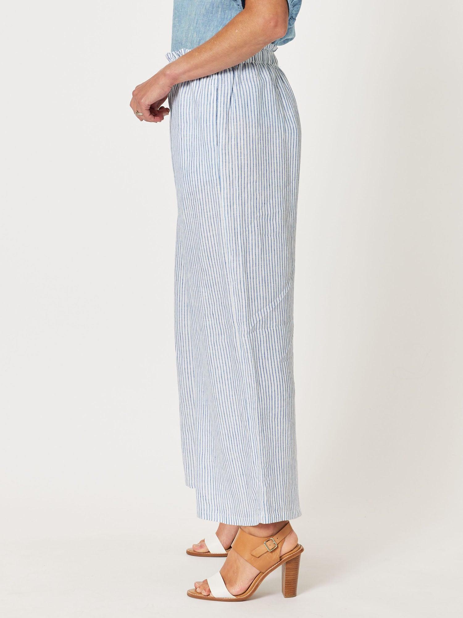 Mist Stripe Linen Leg Pant - Indigo