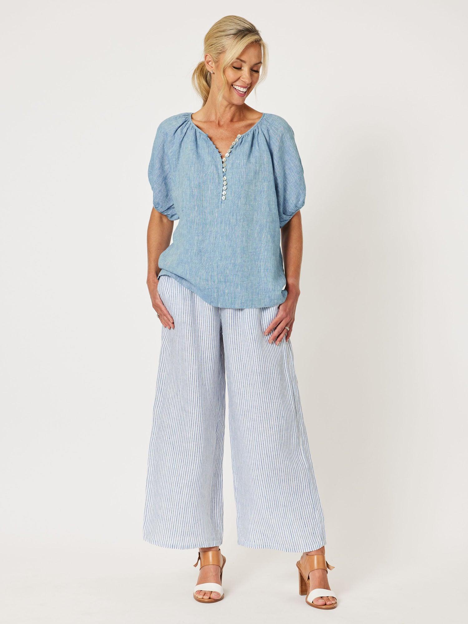 Mist Stripe Linen Leg Pant - Indigo